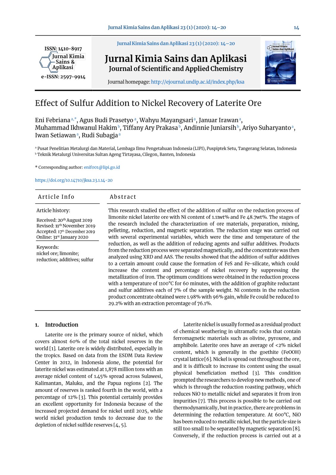 First page of Effect of Sulfur Addition to Nickel Reco
