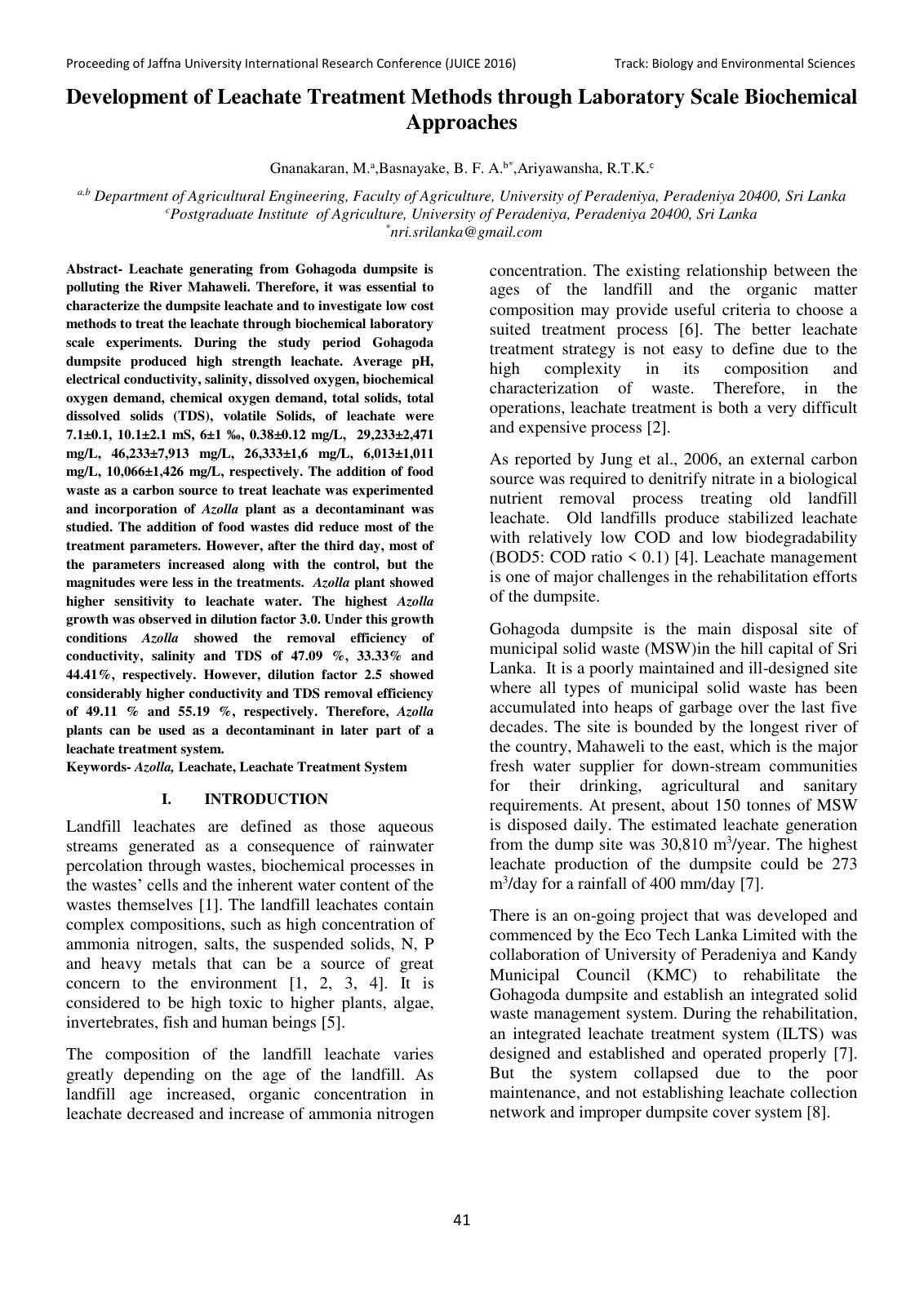 First page of Development of Leachate Treatment Method