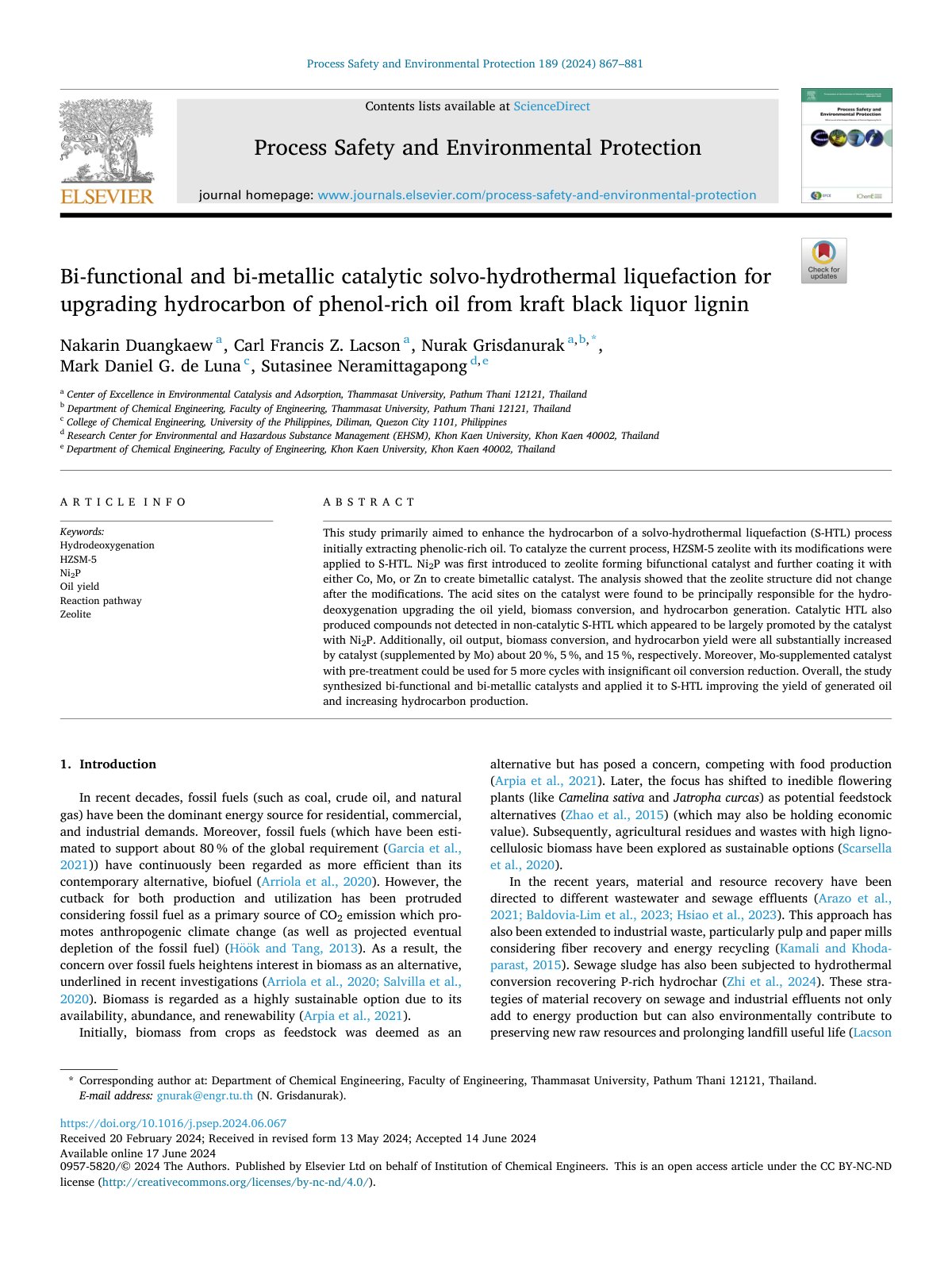 First page of Bi functional and bi metallic catalytic solvo hydrother 2024 Process Safety 