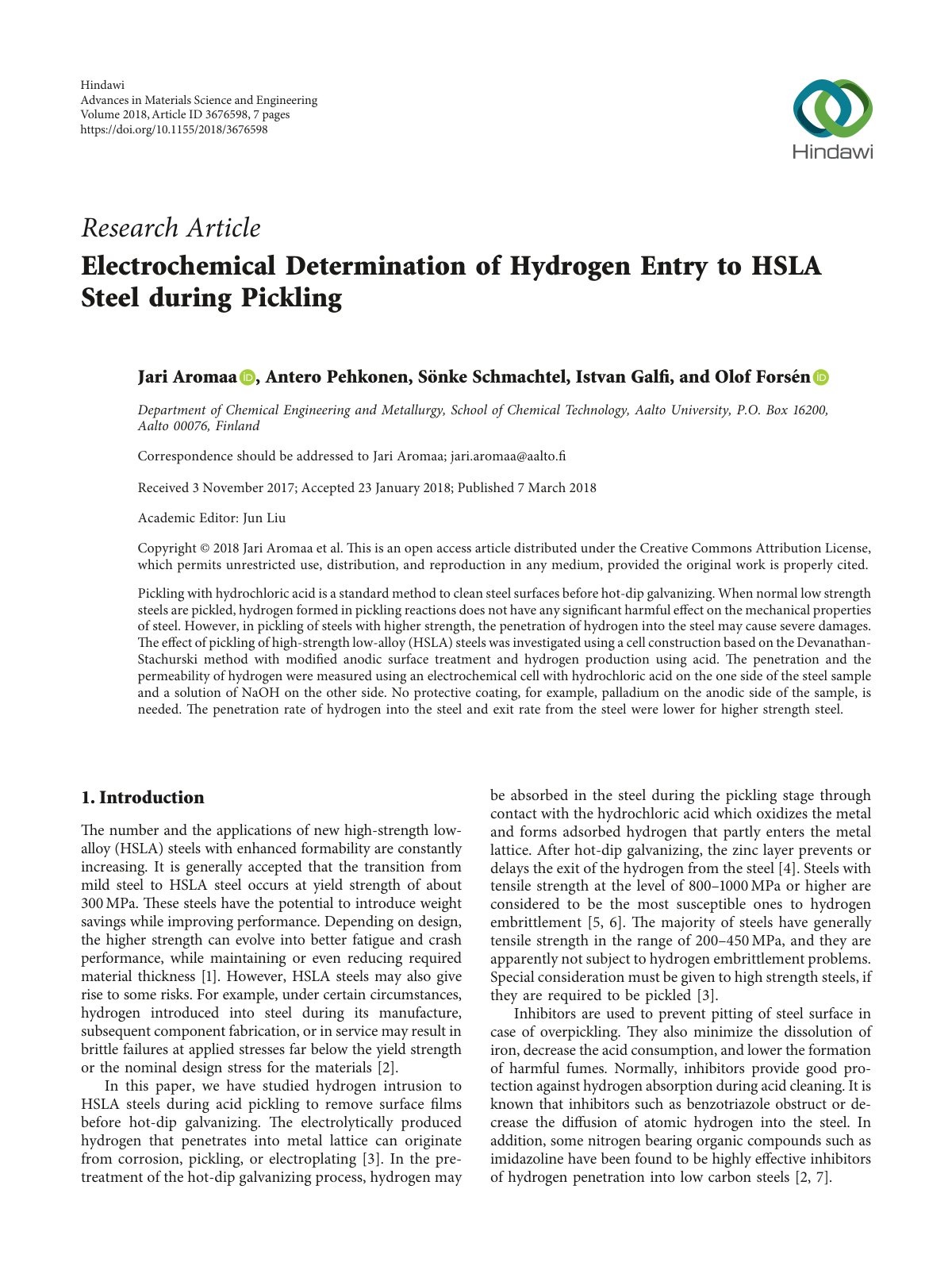 First page of Electrochemical Determination of Hydrogen Entry to HSLA Steel during Pickling