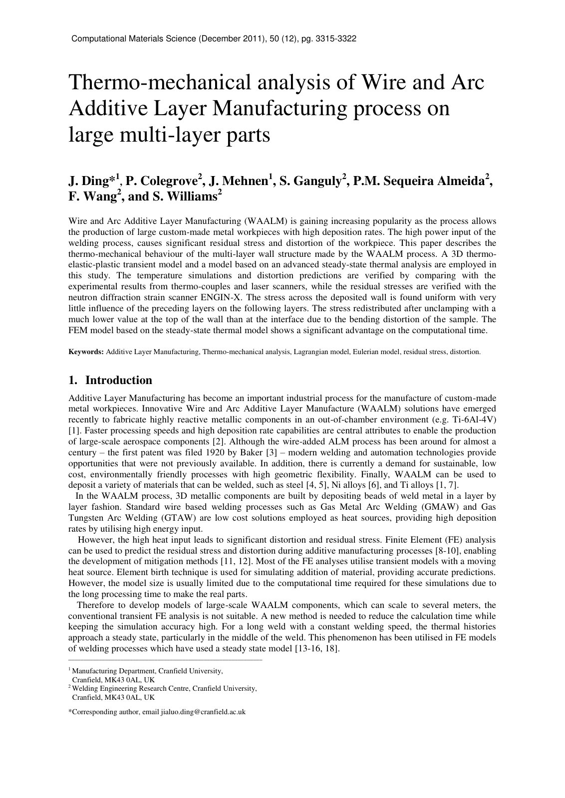 First page of Thermo-mechanical analysis of Wire and Arc Additive Layer Manufacturing process on large multi-layer parts