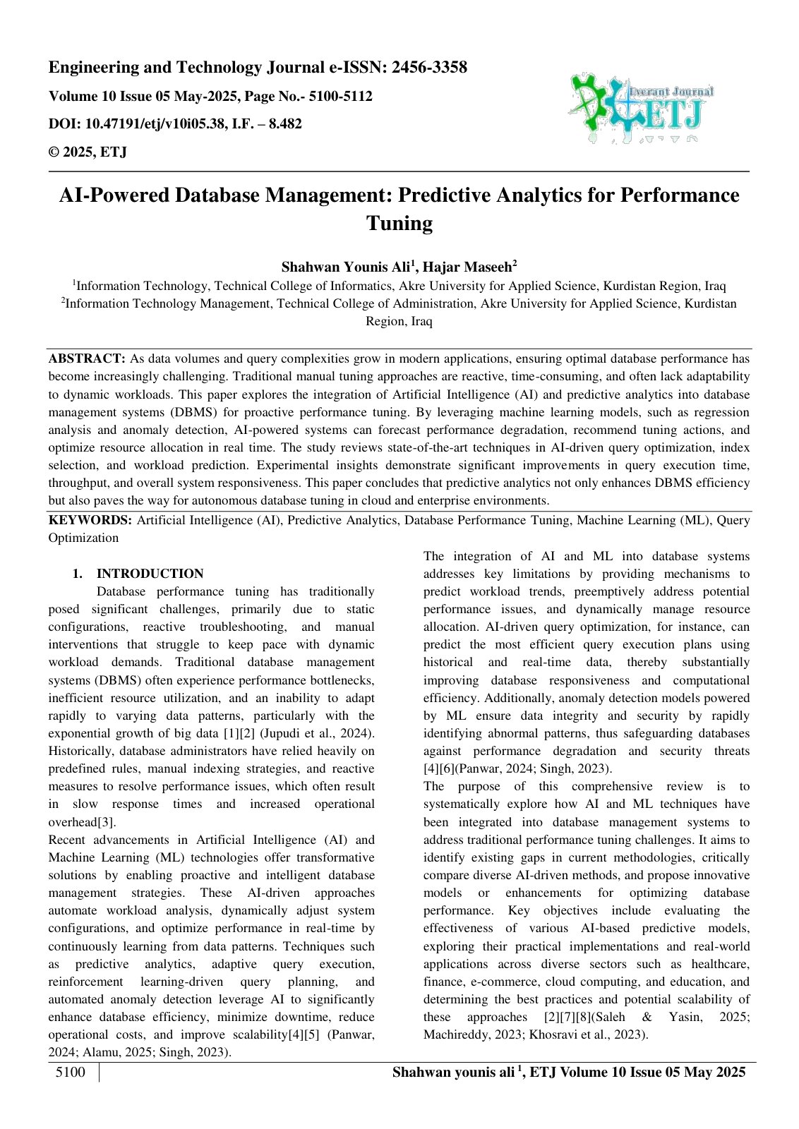 First page of AI-Powered Database Management: Predictive Analytics for Performance  Tuning 