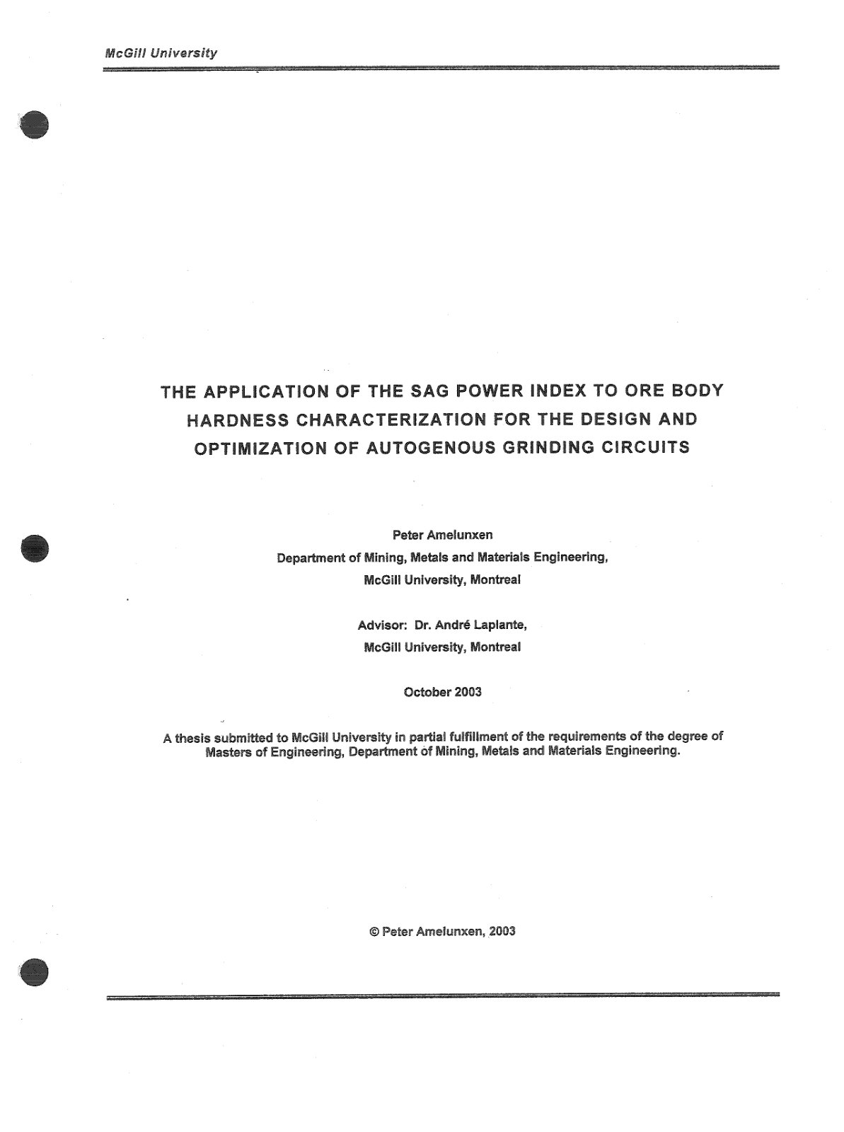 First page of THE APPLICATION OF THE SAG POWER INDEX TO ORE BODY HARDNESS CHARACTERIZATION FOR THE DESIGN AND OPTIMIZATION OF AUTOGENOUS GRINDING CIRCUITS