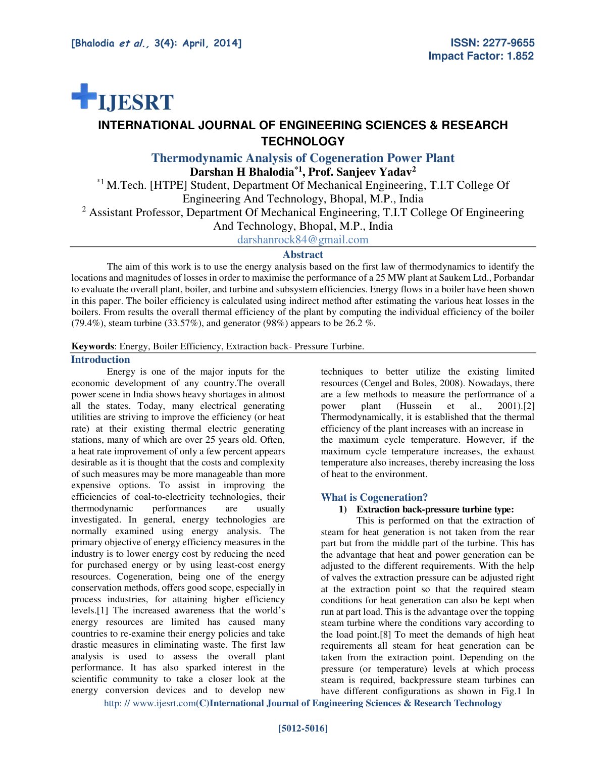 First page of Thermodynamic Analysis of Cogeneration P