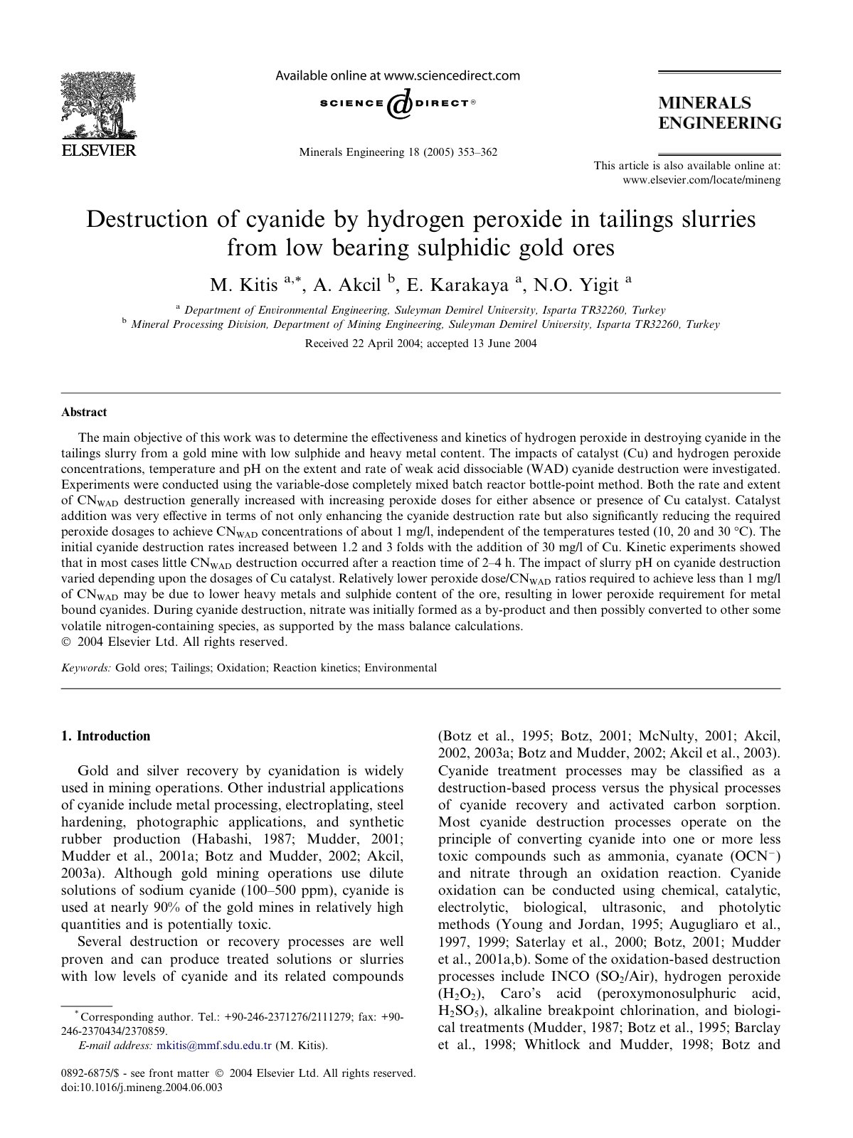 First page of Destruction of Cyanide by Hydrogen peroxide in Tailings Slurries