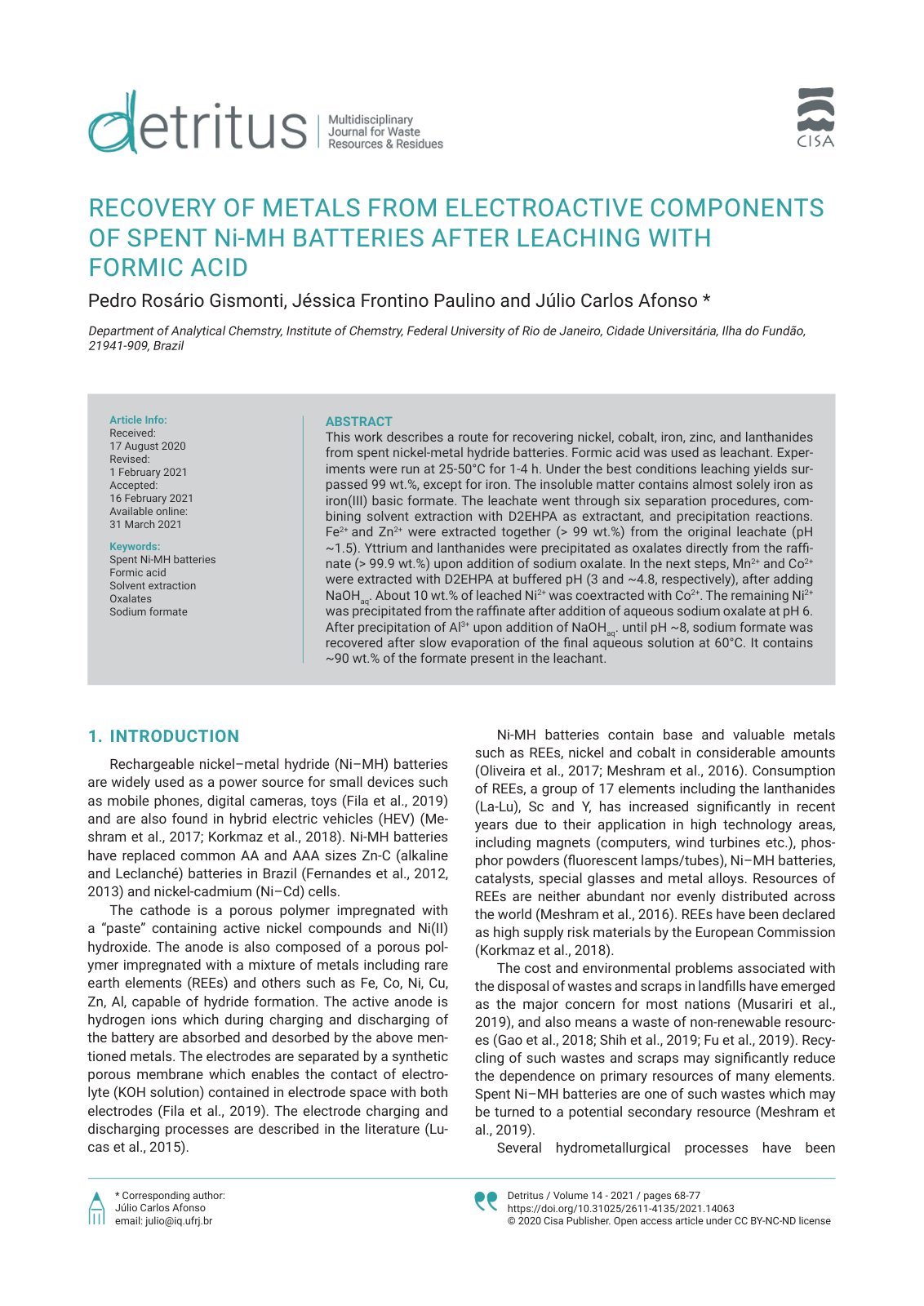 First page of RECOVERY OF METALS FROM ELECTROACTIVE COMPONENTS OF SPENT N i-MH BATTERIES AFTER LEACHING WITH FORMIC ACID