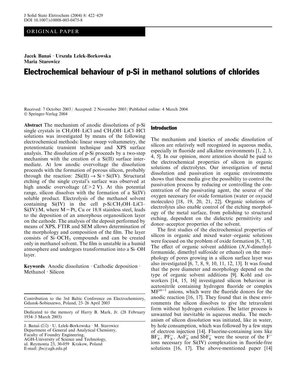 First page of Electrochemical behaviour of p Si in met