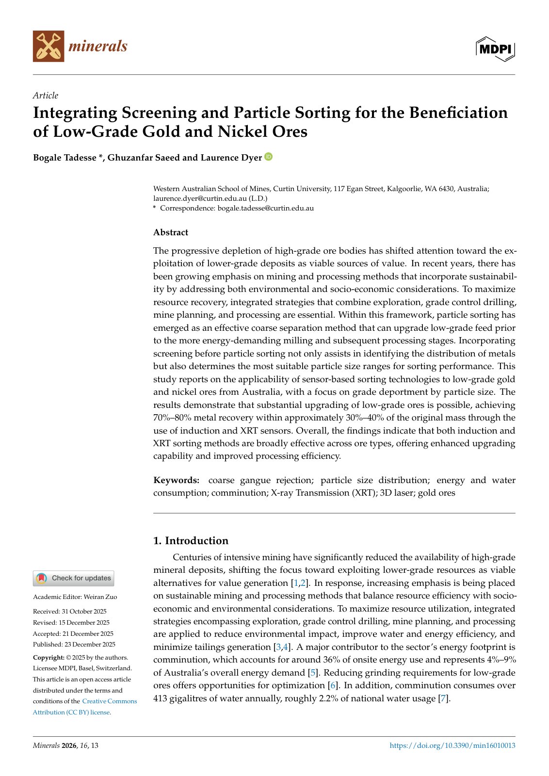 First page of Integrating Screening and Particle Sorting for the Beneficiation of Low-Grade Gold and Nickel Ores