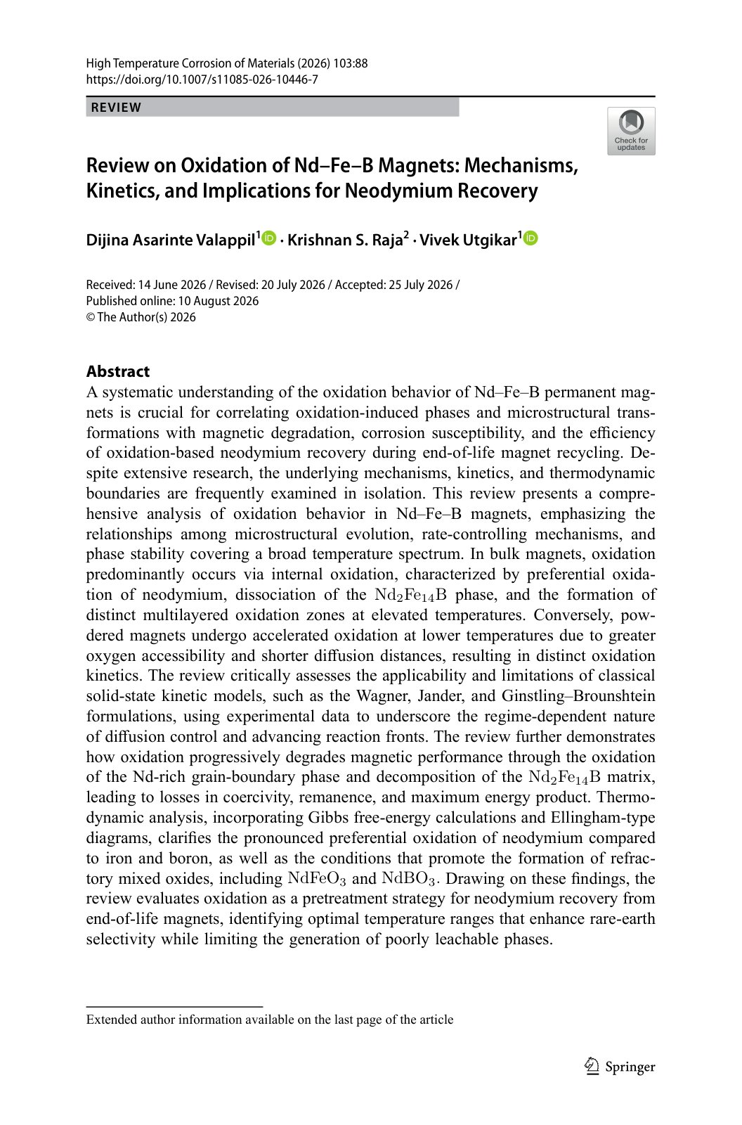 First page of Review on Oxidation of Nd–Fe–B Magnets: Mechanisms, Kinetics, and Implications for Neodymium Recovery
