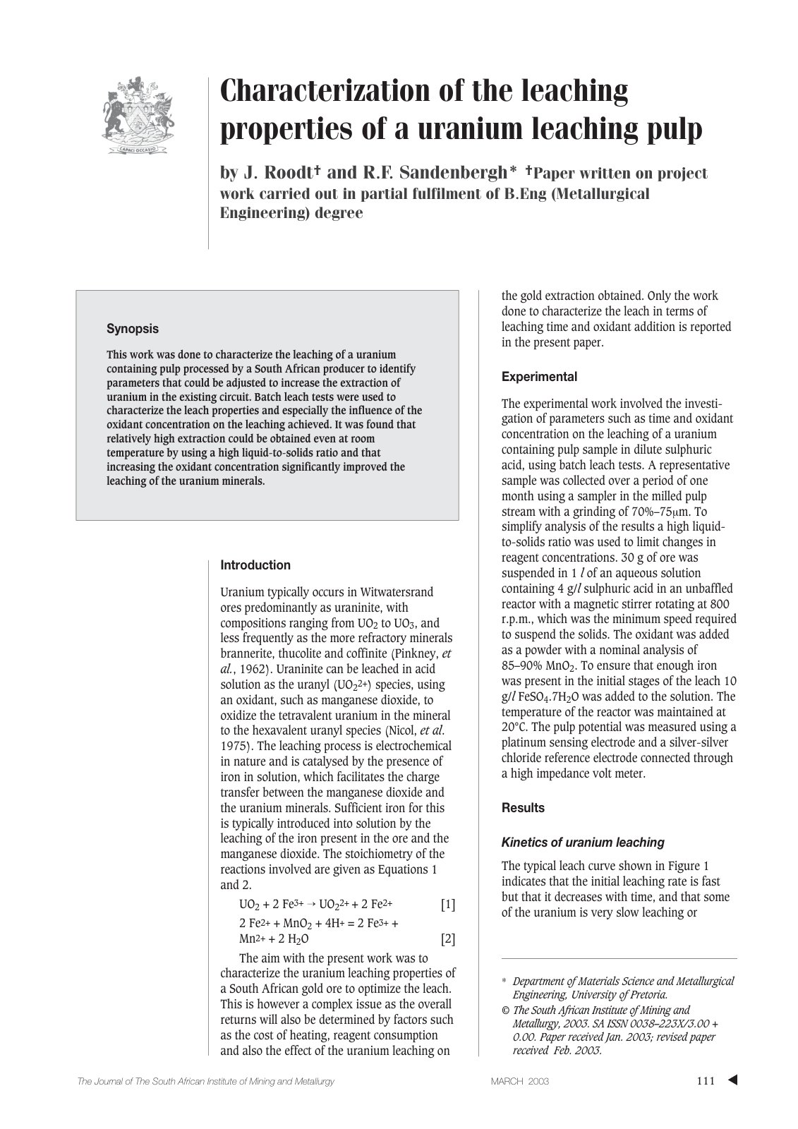 First page of Characterization Of The Leaching Properties Of A Uranium Leaching Pulp
