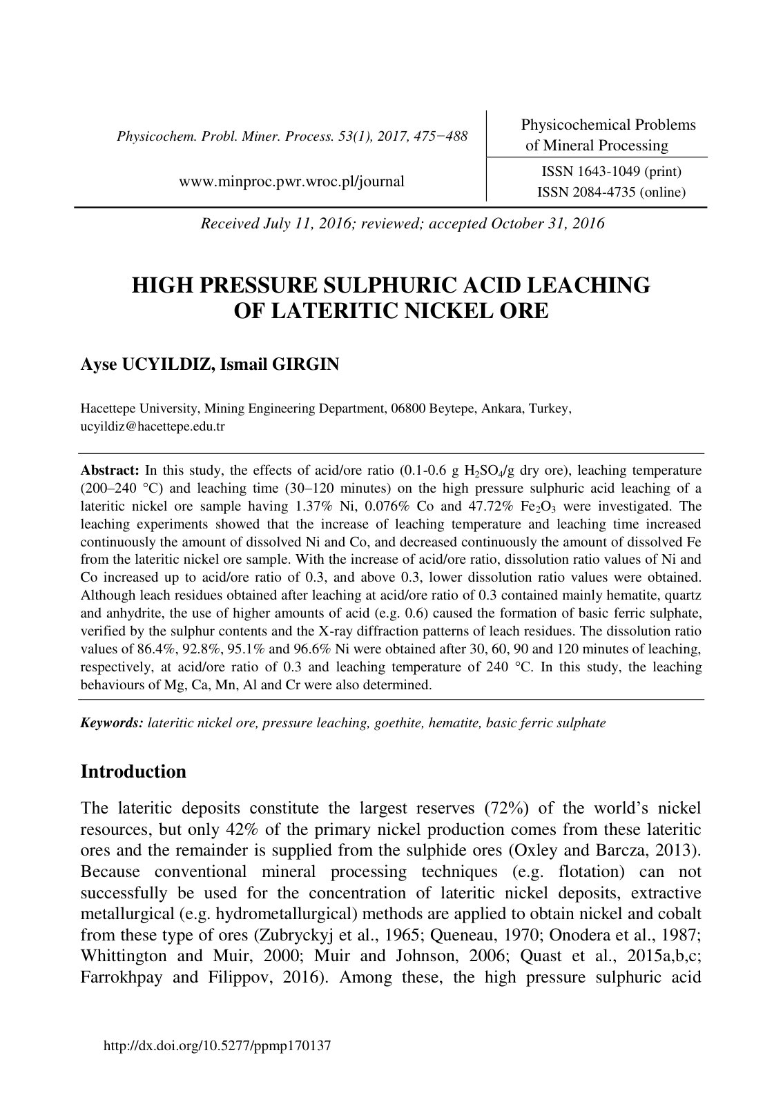 First page of HIGH PRESSURE SULPHURIC ACID LEACHING OF LATERITIC NICKEL ORE