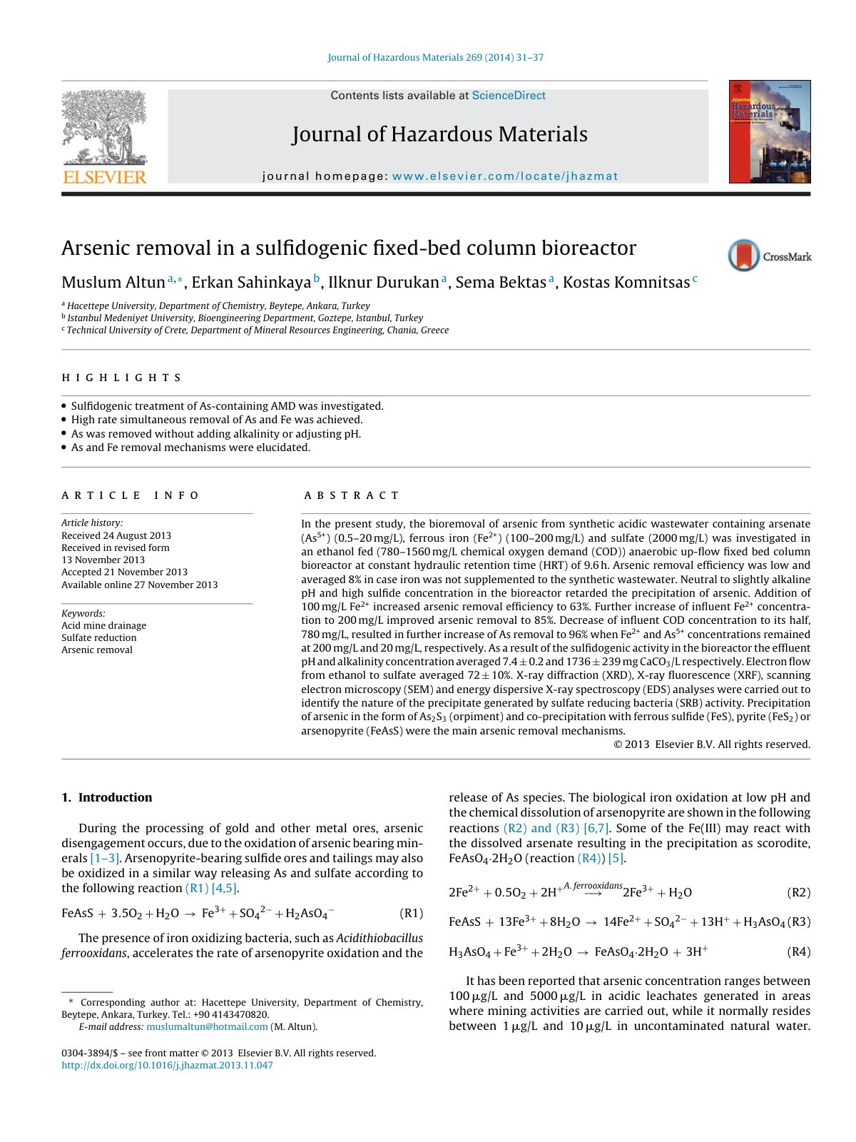 First page of Arsenic removal in a sulﬁdogenic  ﬁxed-bed  column bioreactor