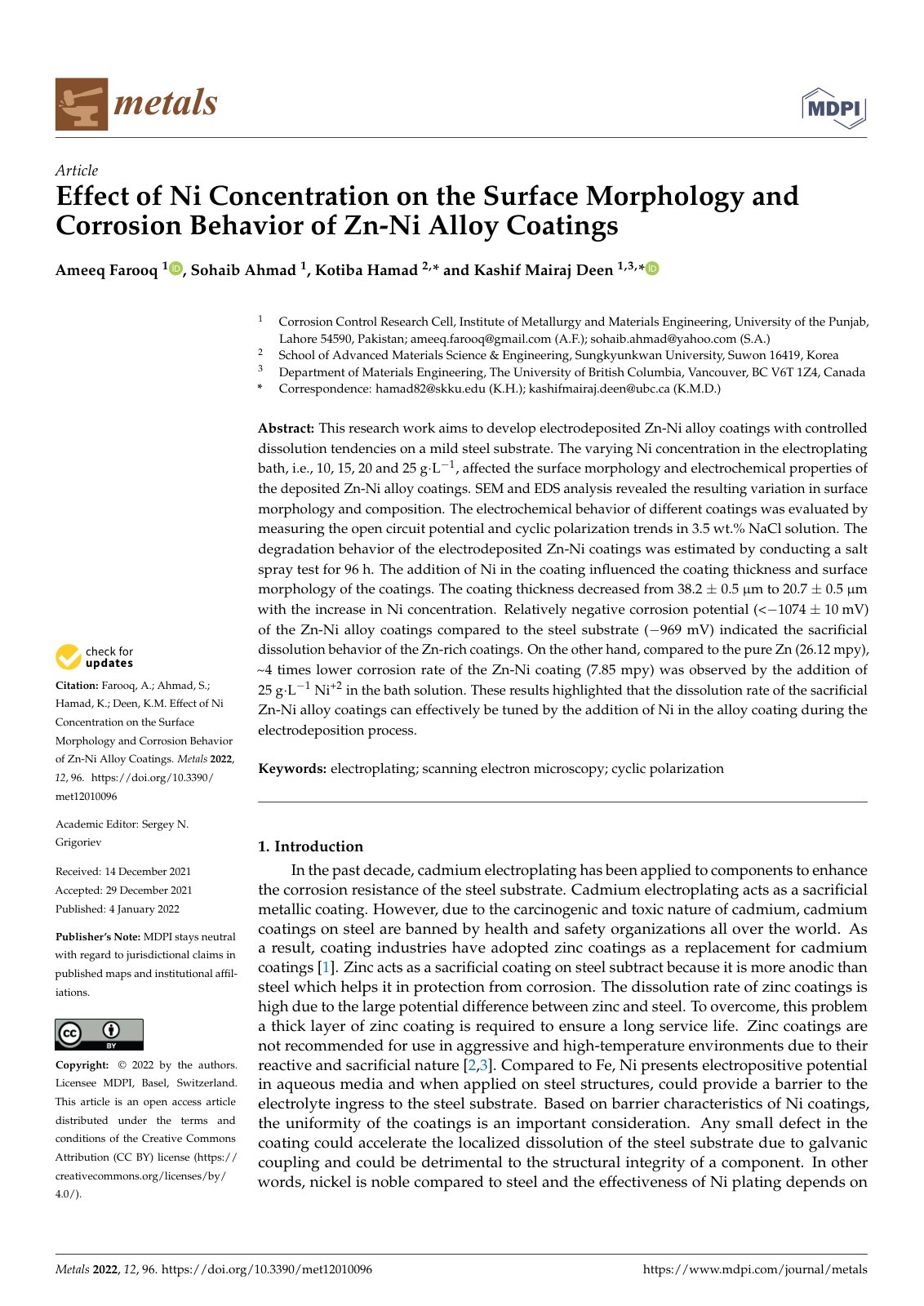 First page of Effect of Ni Concentration on the Surface Morphology and Corrosion Behavior of Zn-Ni Alloy Coatings