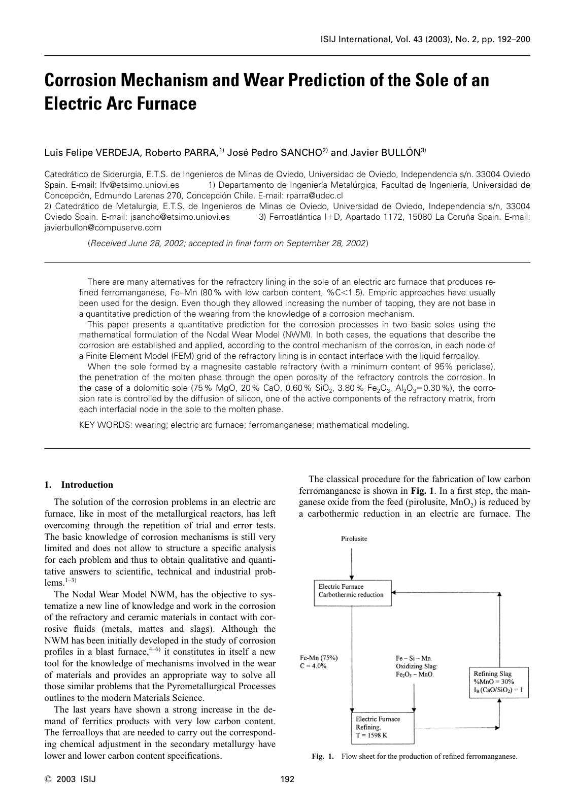 First page of 2003 Luis Felipe Verdeja Gonzalez Corrosion Mechanism and Wear Prediction of the Sole of an Electric Arc Furnace isijinternational.43.192