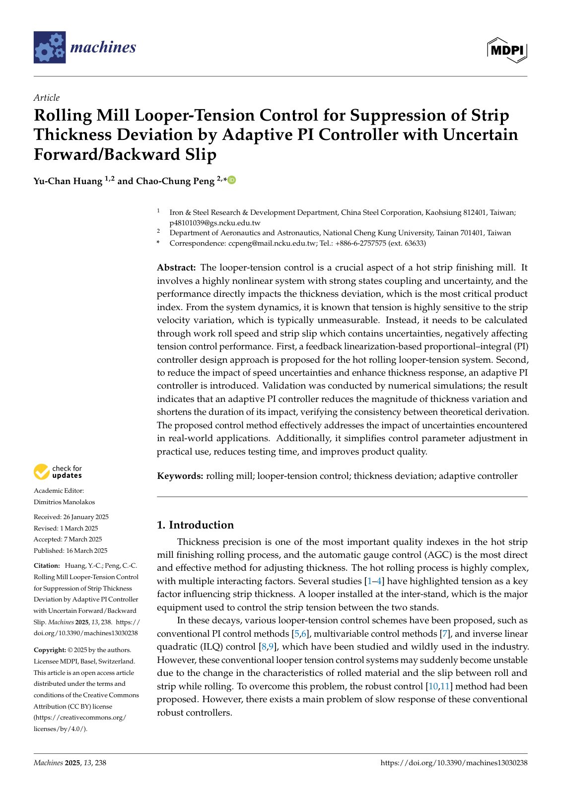 First page of Rolling Mill Looper-Tension Control for Suppression of Strip Thickness Deviation by Adaptive PI Controller with Uncertain Forward/Backward Slip