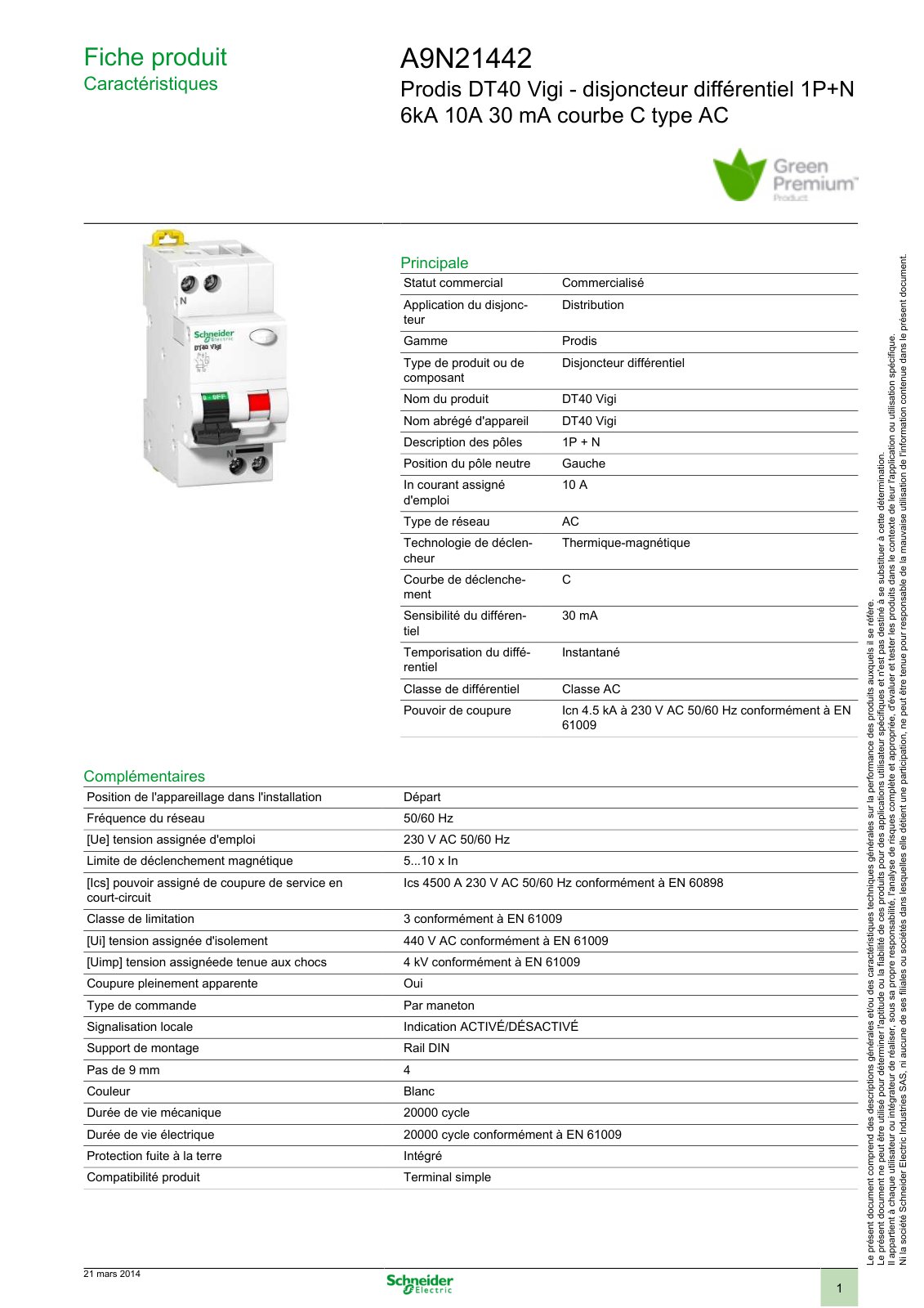 First page of Prodis DT40 Vigi - disjoncteur différentiel 1P+N