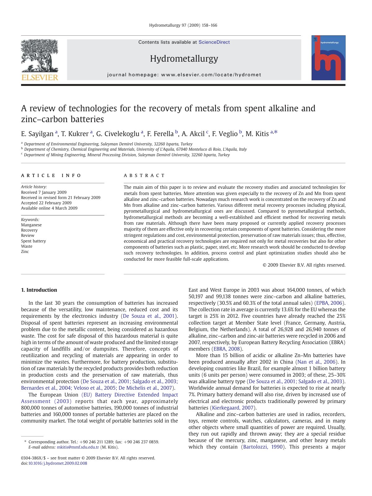 First page of A review of technologies for the recovery of metals from spent alkaline and zinc–carbon batteries