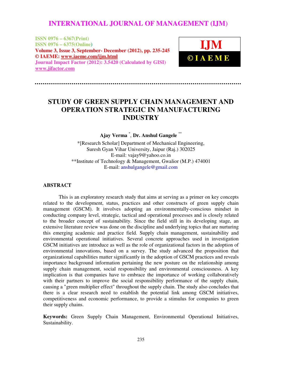 First page of STUDY OF GREEN SUPPLY CHAIN MANAGEMENT AND OPERATION STRATEGIC IN MANUFACTURING INDUSTRY