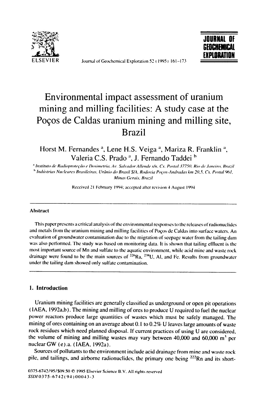 First page of Environmental impact assessment of uranium mining and milling facilities: A study case at the Pocos de Caldas uranium mining and milling site, Brazil