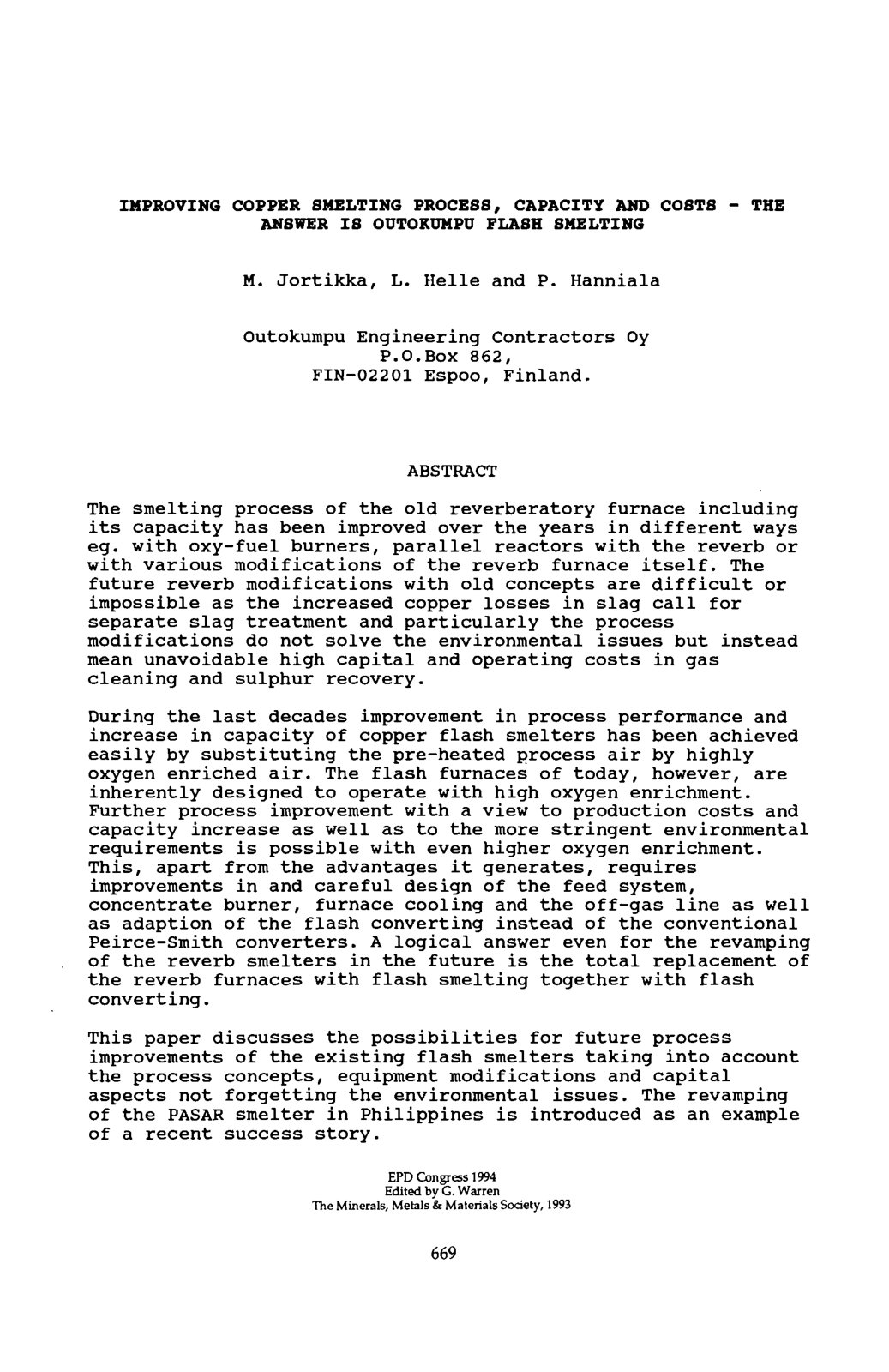 First page of IMPROVING COPPER SMELTING PROCESS, CAPACITY AND COSTS - THE ANSmR IS OUTOKUMPU FLASH SMELTING
