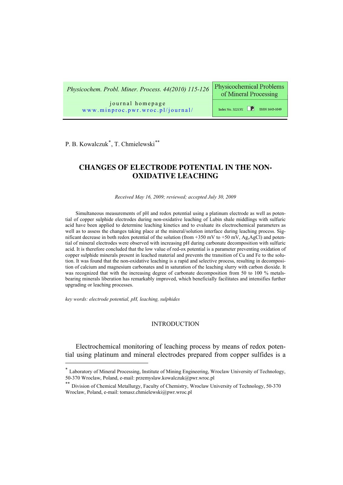 First page of Changes of Electrode Potential in the Non-Oxidative Leaching