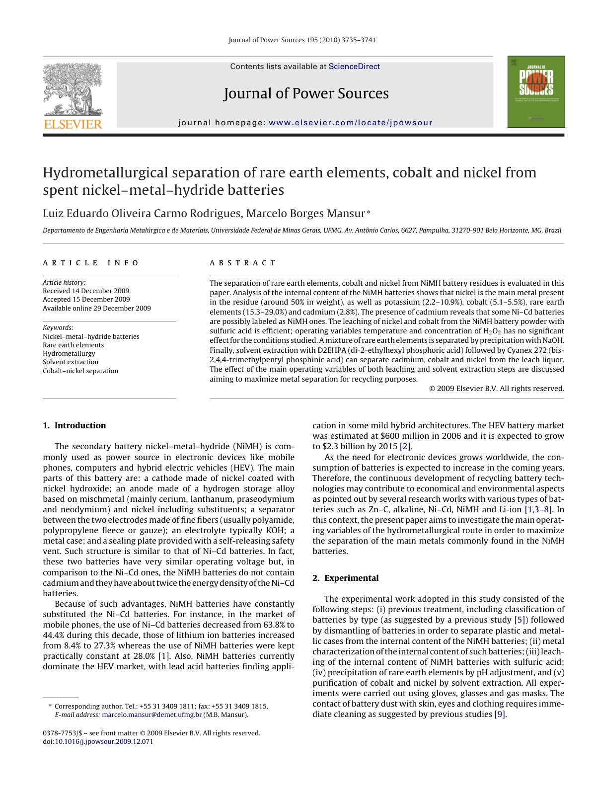 First page of Hydrometallurgical separation of rare earth elements  coba 2010 Journal of P