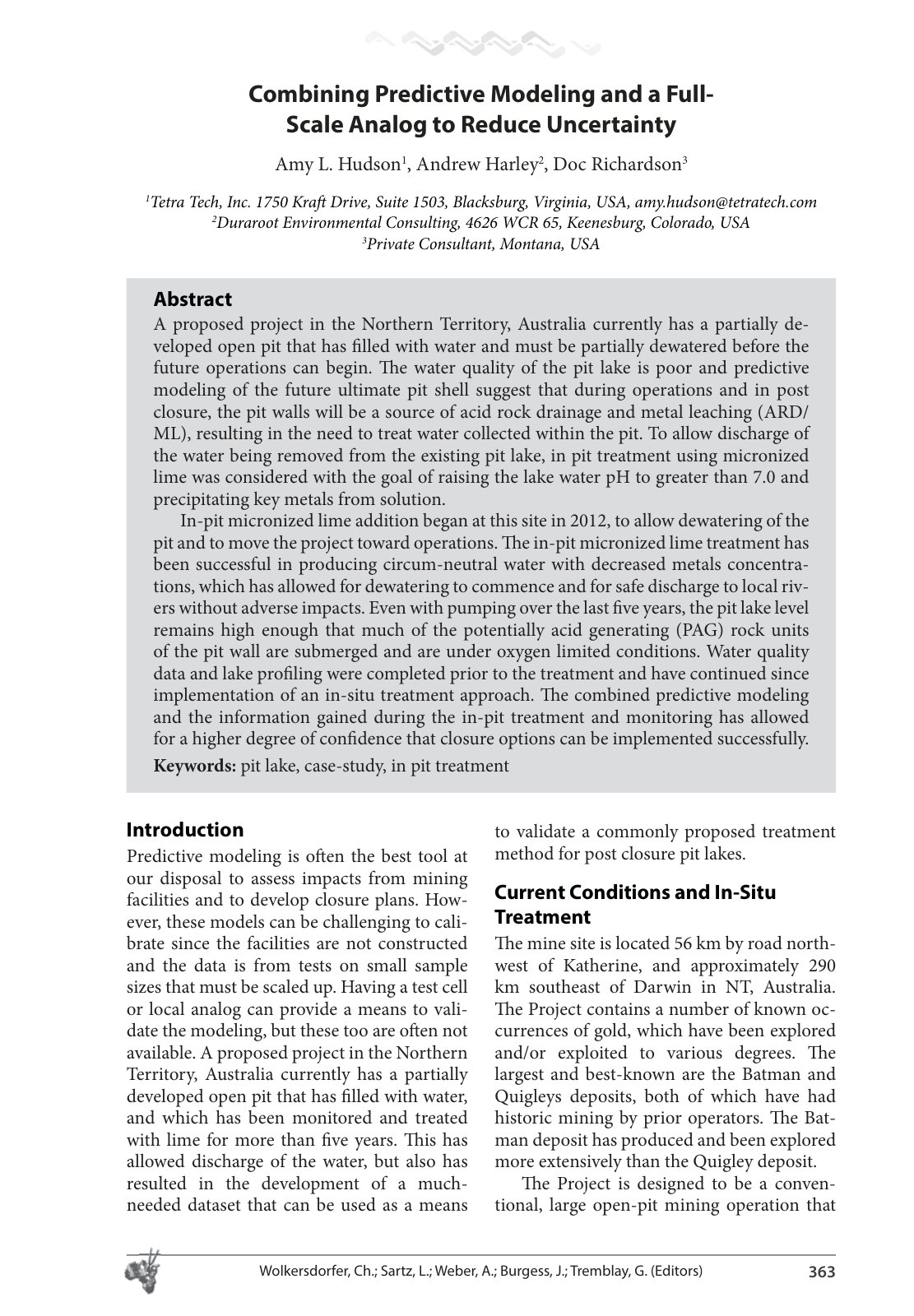 First page of Combining Predictive Modeling and a Full-Scale Analog to Reduce Uncertainty