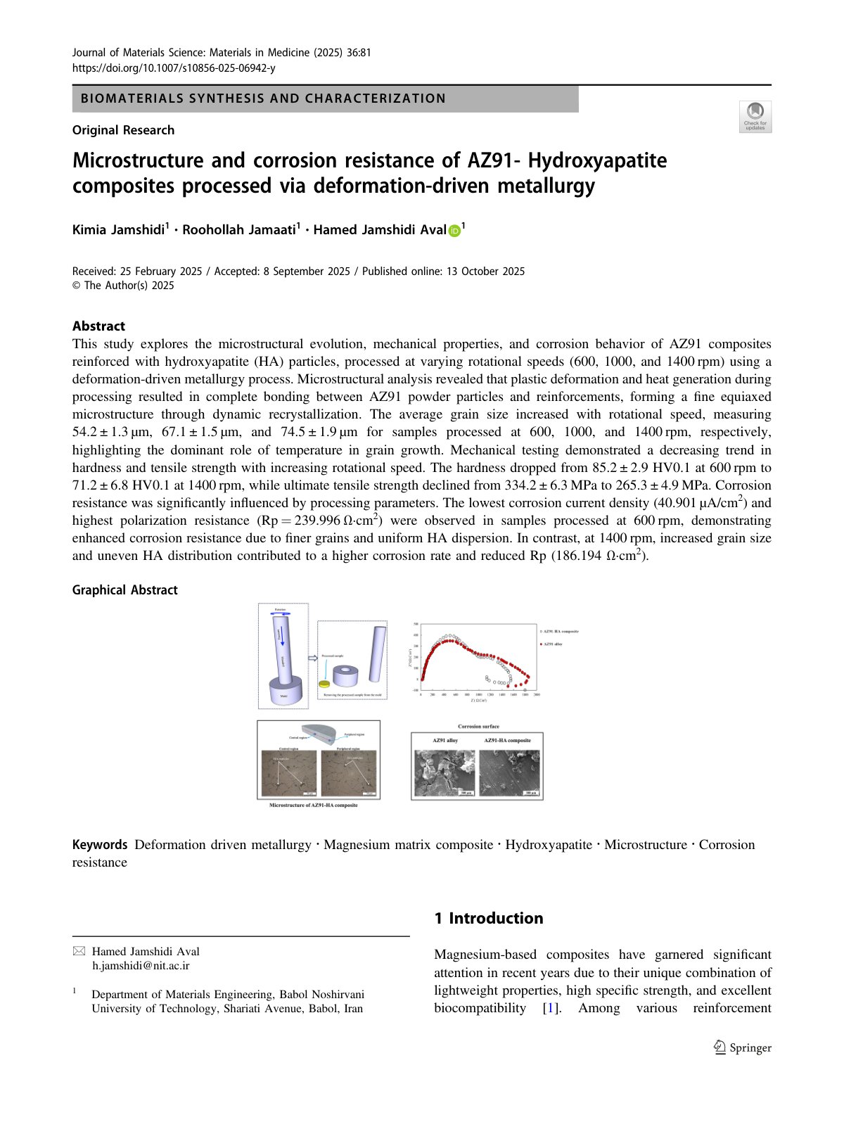 First page of 2025 Jamshidi AZ91 Hydroxyapatite Deformation Metallurgy