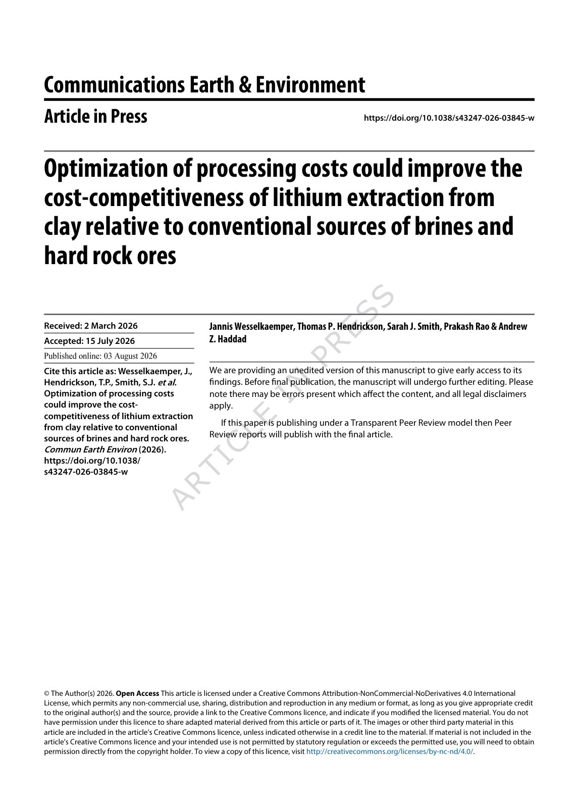 First page of Optimization of processing costs could improve the cost-competitiveness of lithium extraction from clay relative to conventional sources of brines and hard rock ores