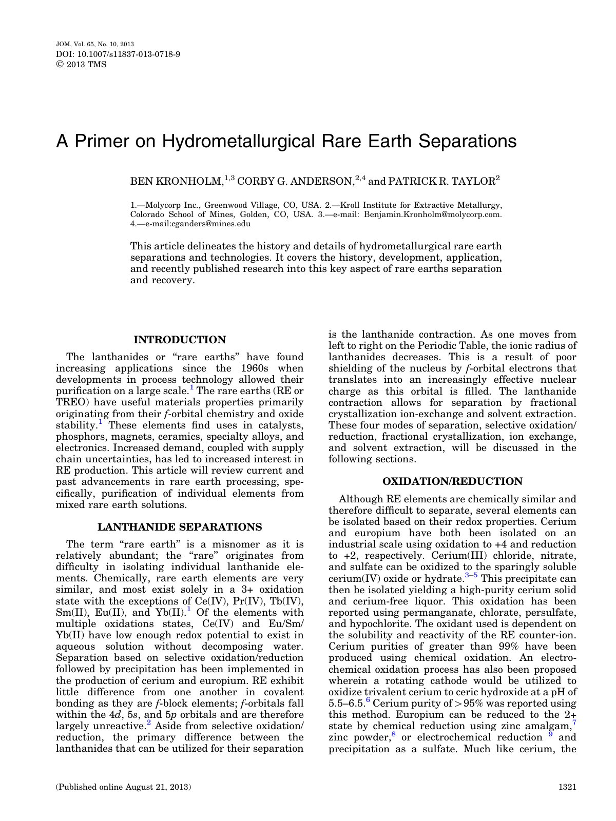 First page of A Primer on Hydrometallurgical Rare Eart