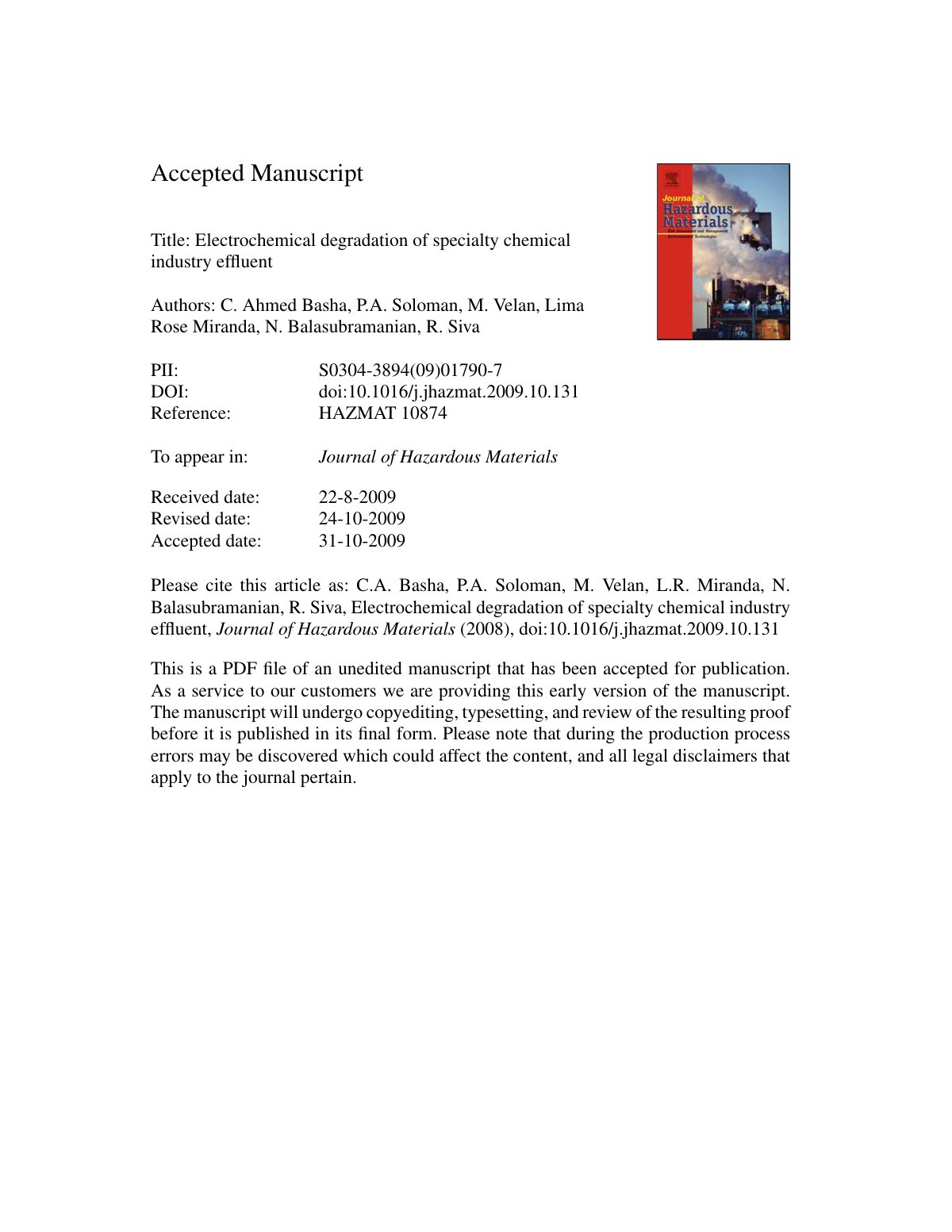 First page of Electrochemical degradation of specialty
