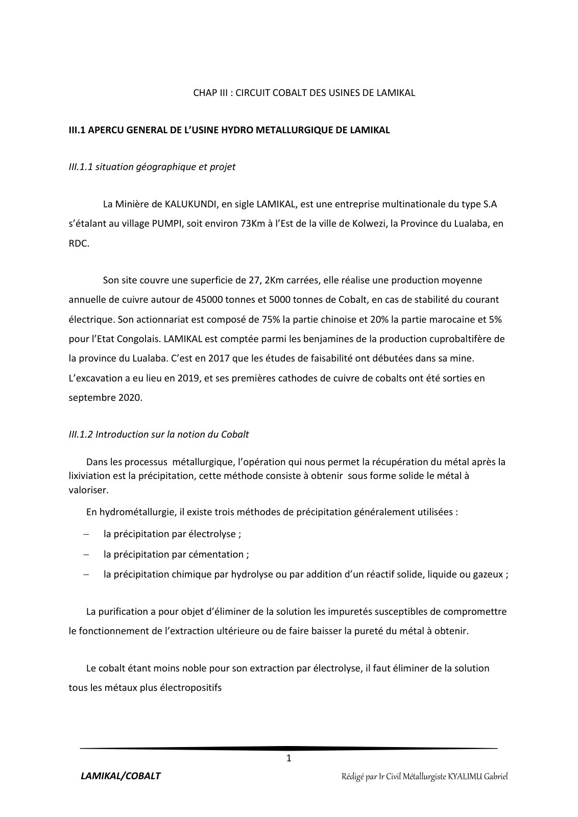 First page of CIRCUIT COBALT DES USINES DE LAMIKAL