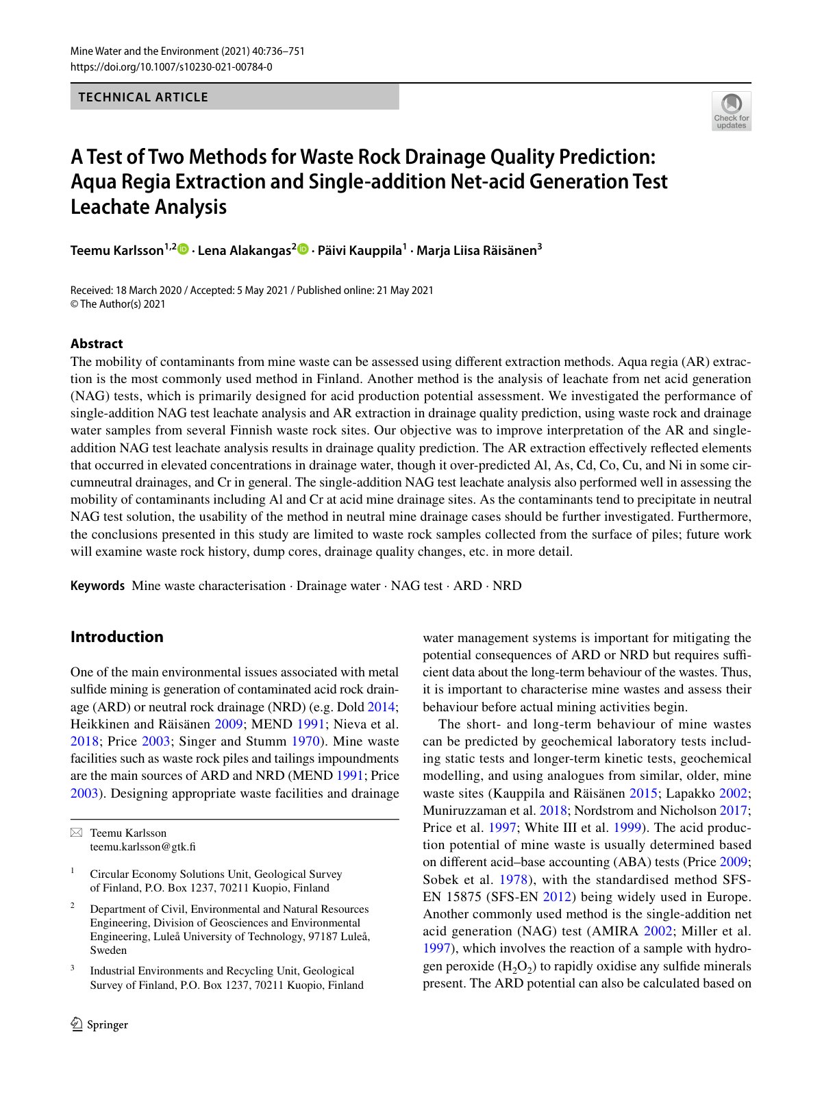 First page of A Test of Two Methods for Waste Rock Drainage Quality Prediction: Aqua Regia Extraction and Single‑addition Net‑acid Generation Test Leachate Analysis