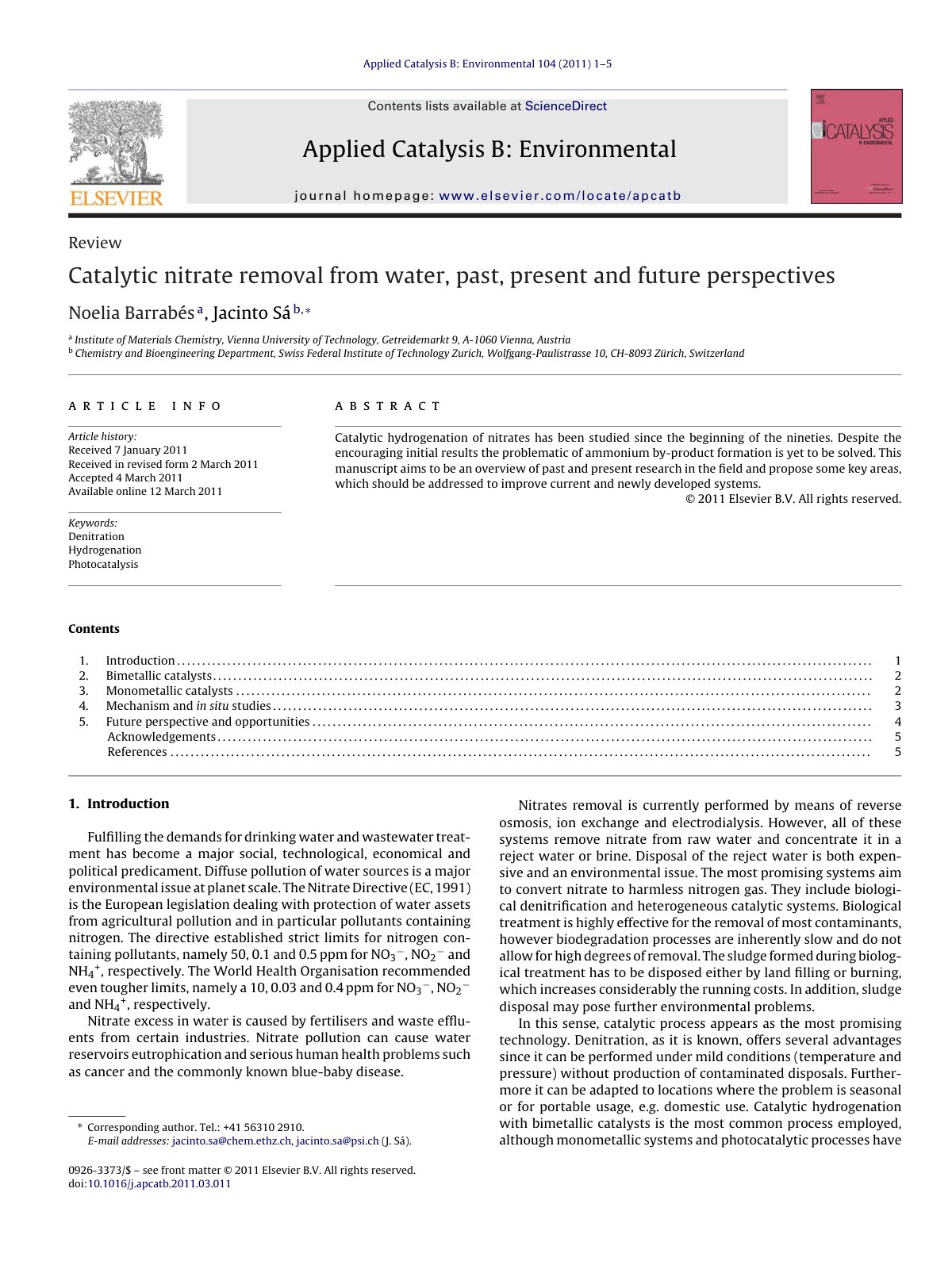 First page of Catalytic nitrate removal from water pas