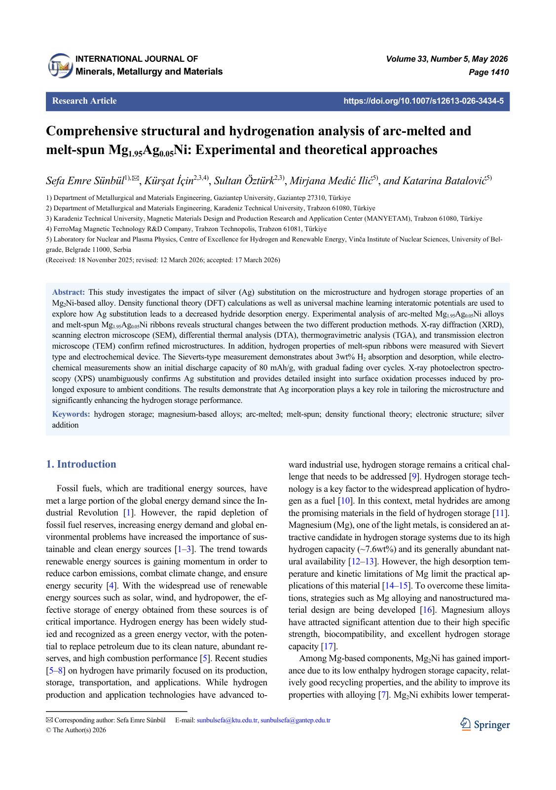 First page of 2026 Sunbul MgAgNi Hydrogen Storage Alloy