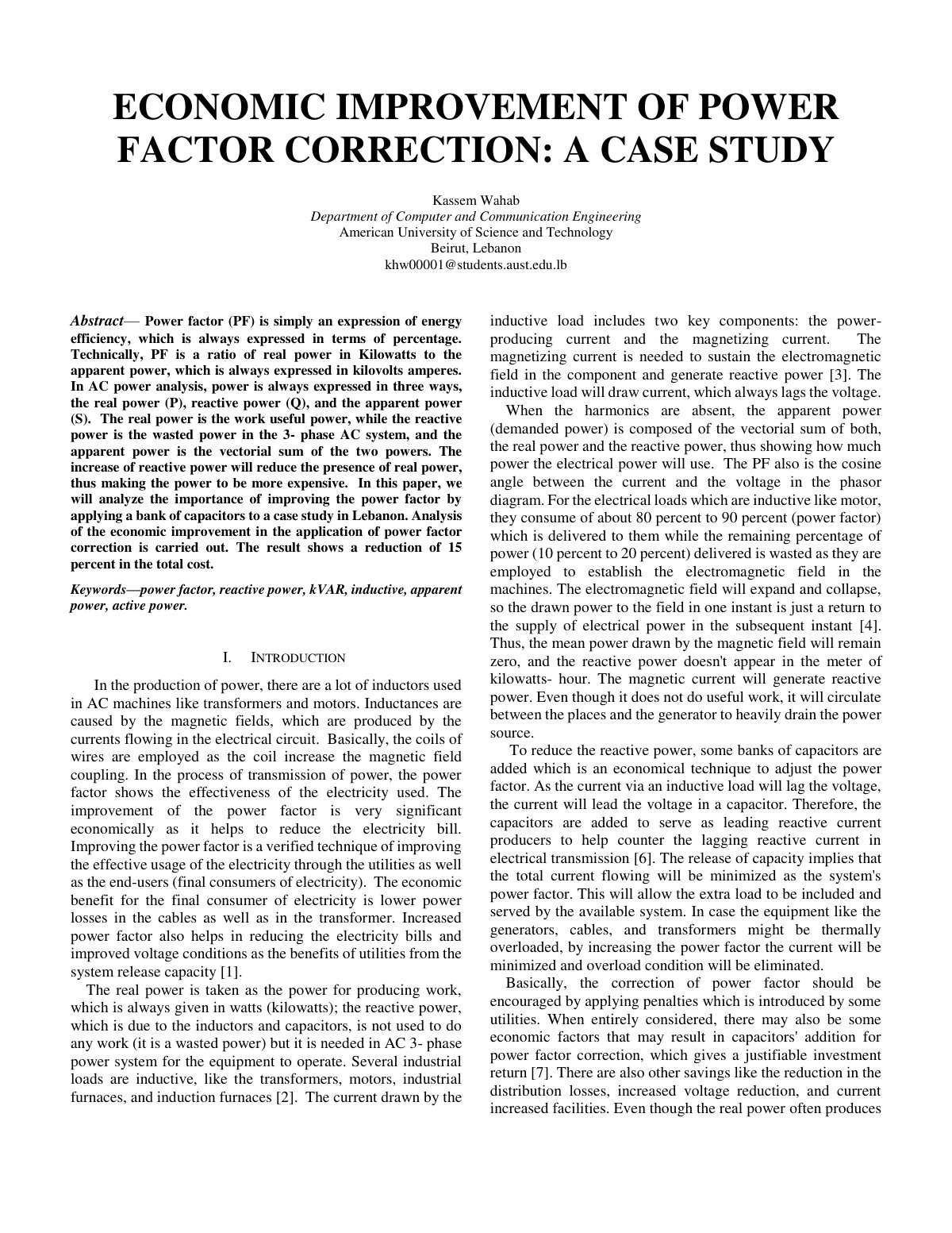 First page of ECONOMIC IMPROVEMENT OF POWER FACTOR CORRECTION: A CASE STUDY