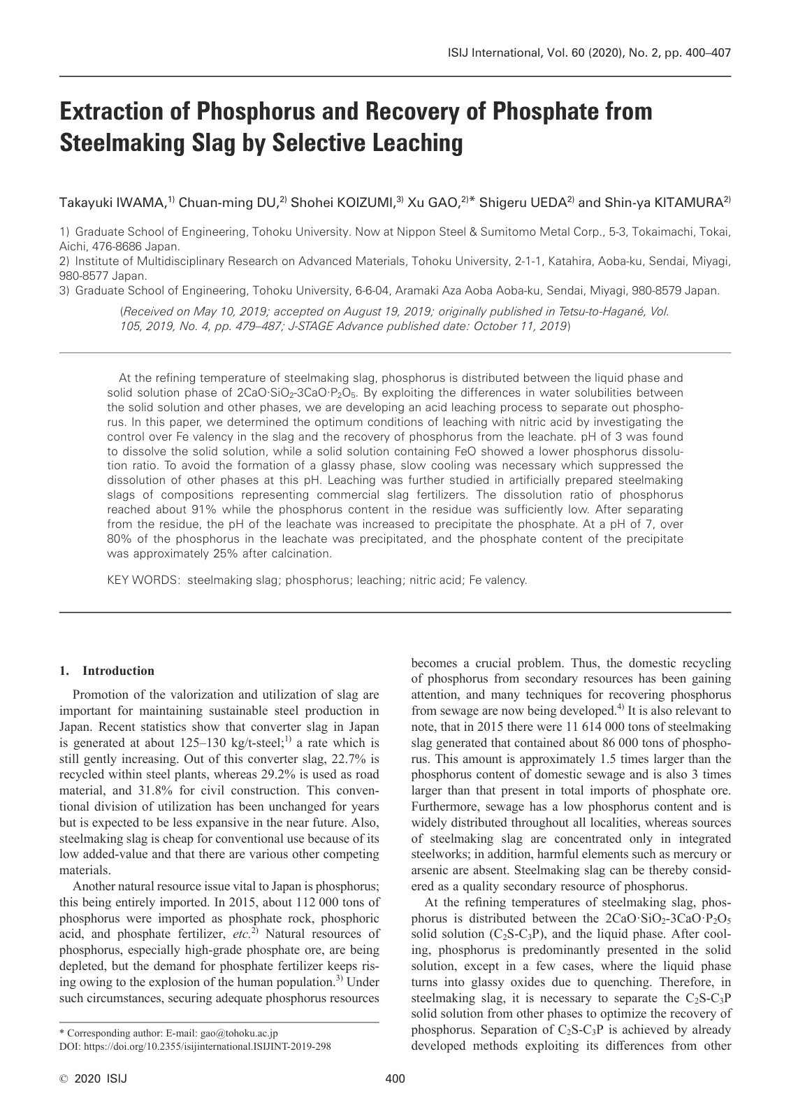 First page of 065 Extraction of Phosphorus and Recovery of Phosphate from Steelmaking Slag by Selective Leaching