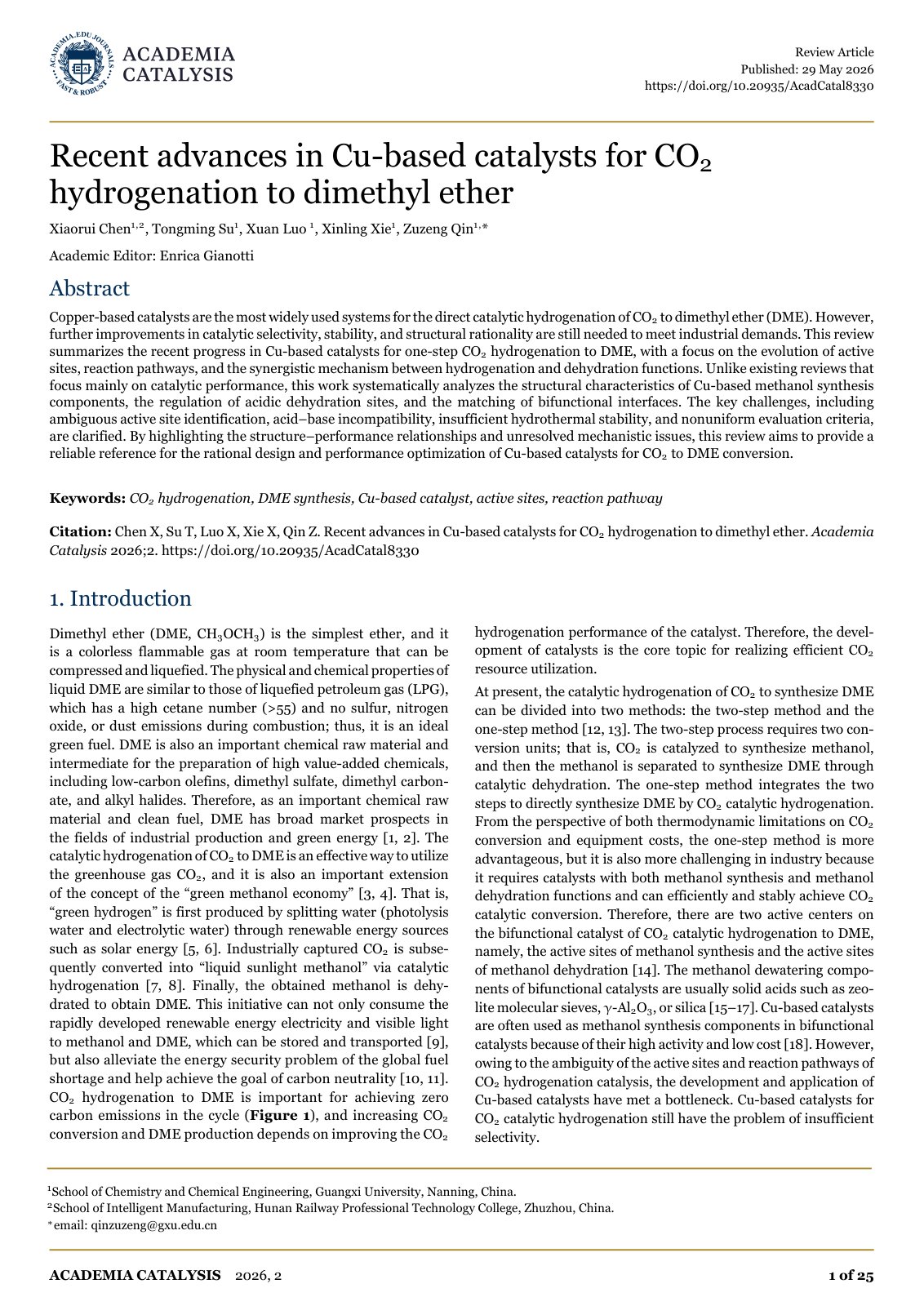 First page of Recent advances in Cu-based catalysts for CO2 hydrogenation to dimethyl ether