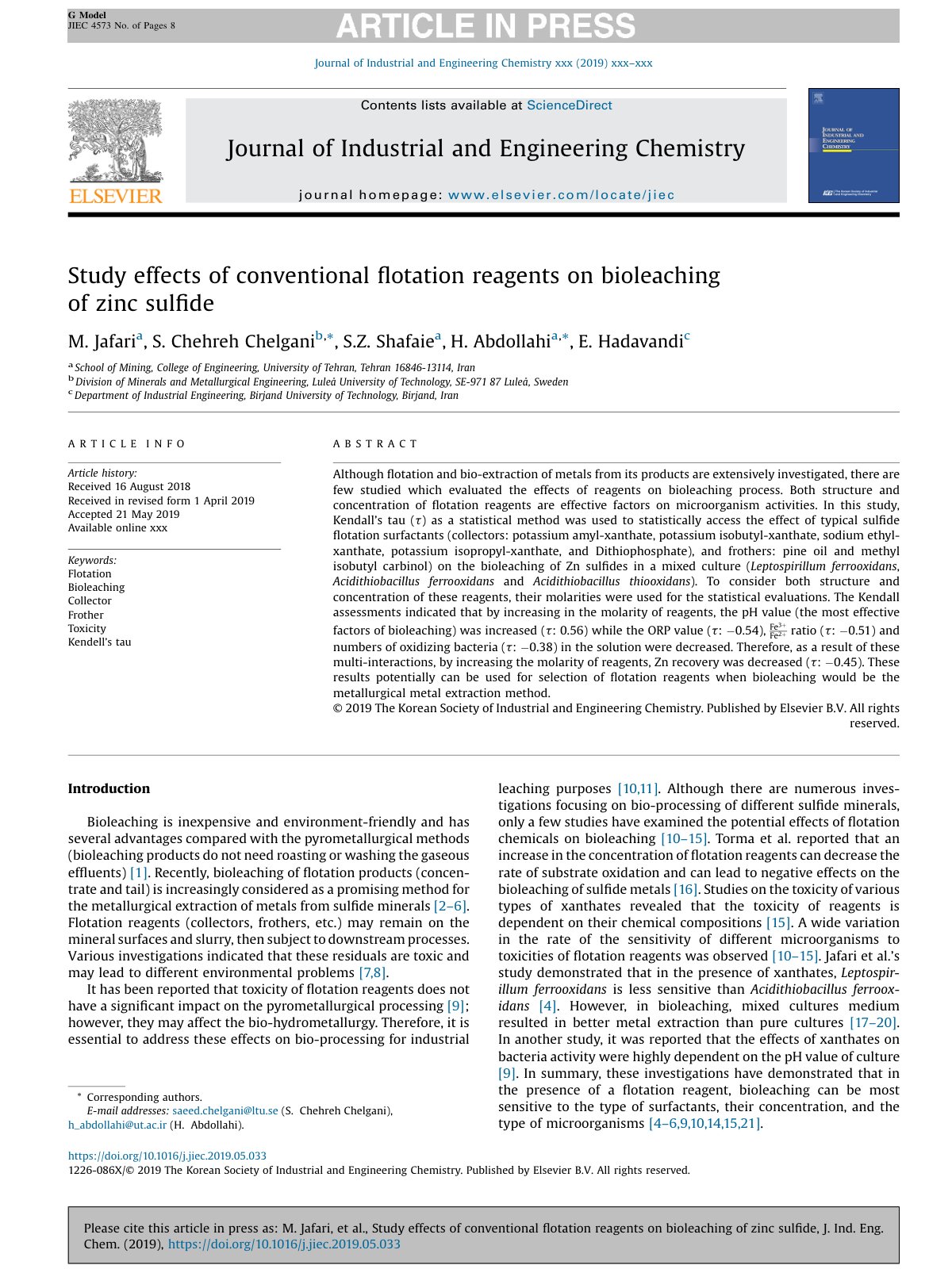 First page of Study effects of conventional ﬂotation reagents on bioleaching of zinc sulﬁde