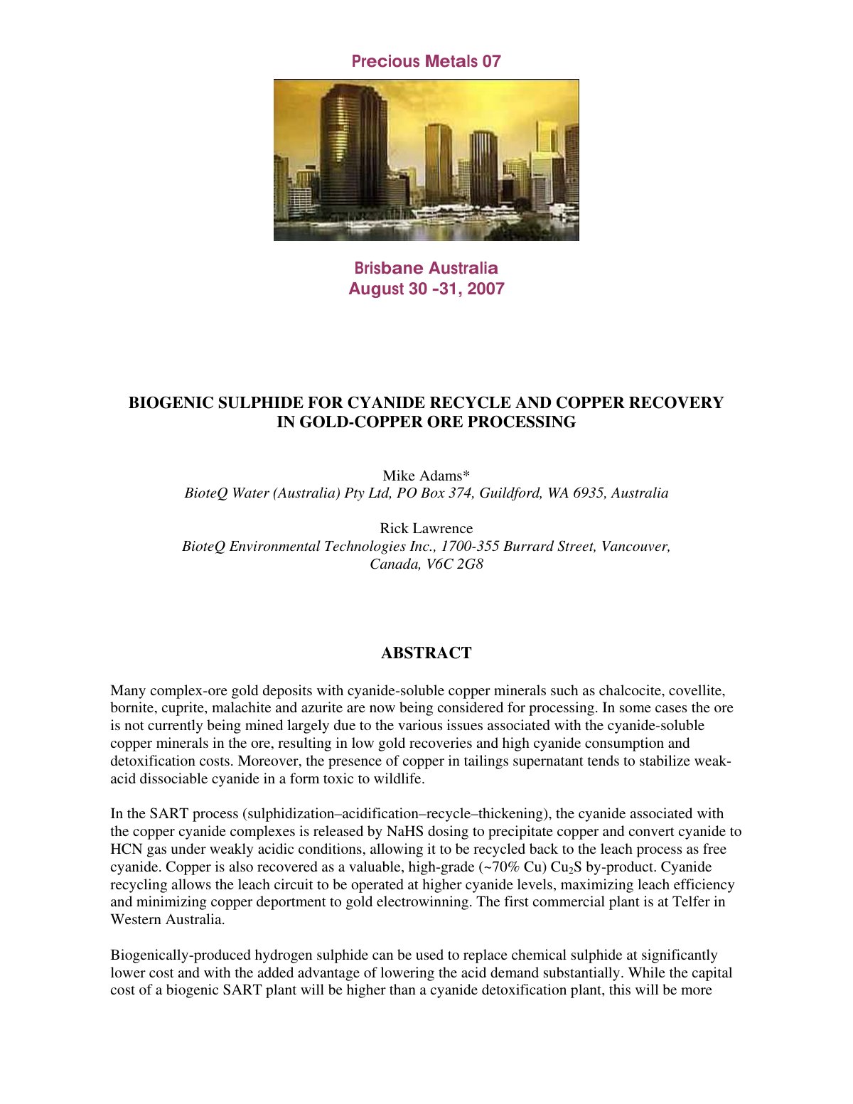 First page of Technical papers precious metals