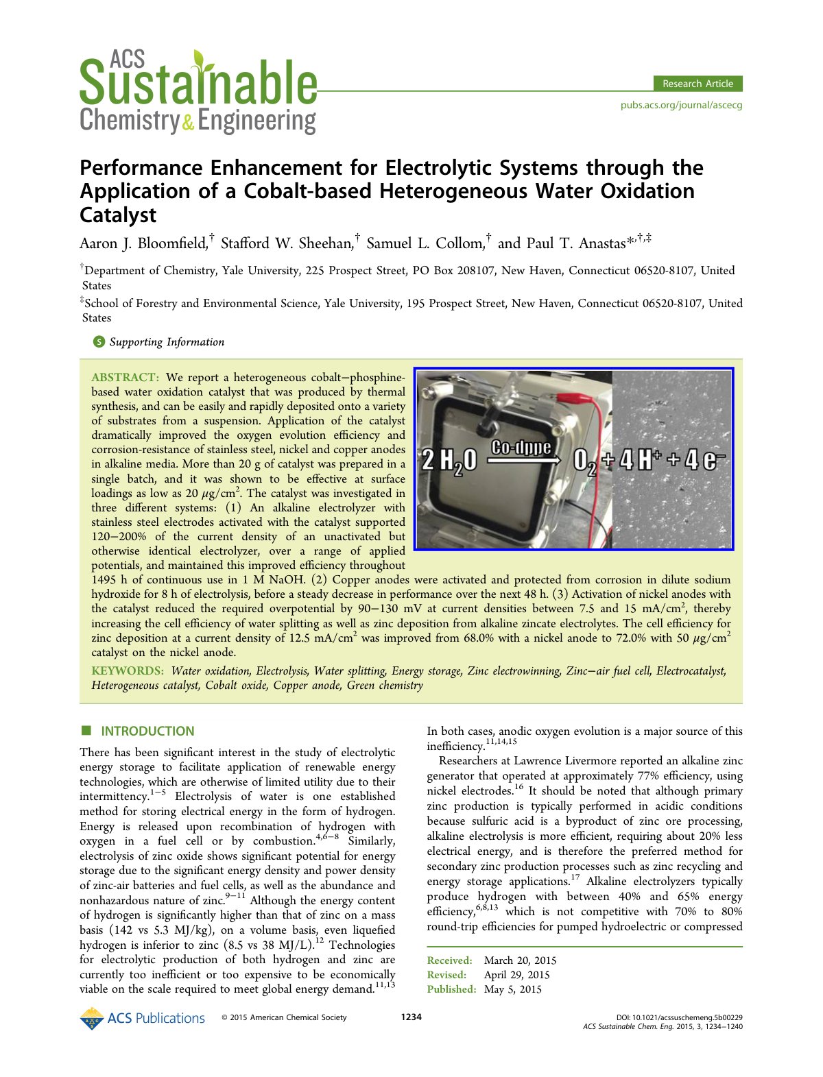 First page of Performance Enhancement for Electrolytic Systems through the Application of a Cobalt-based Heterogeneous Water Oxidation Catalyst