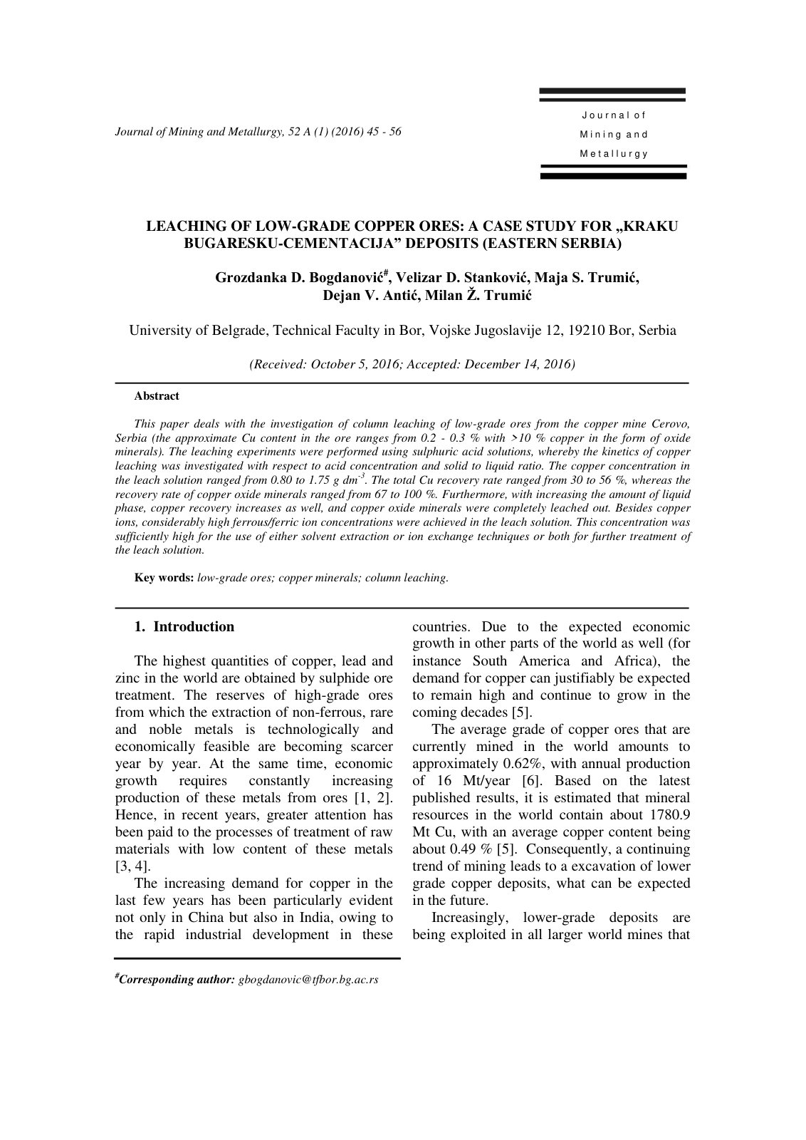 First page of Leaching of low grade copper ores A case