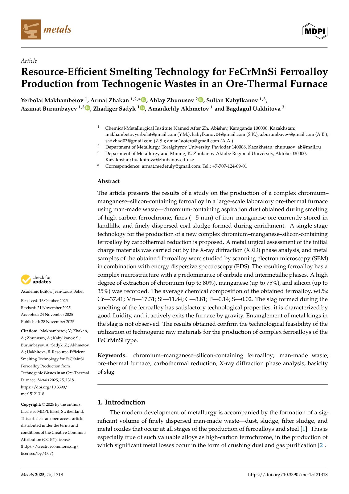 First page of Resource-Efficient Smelting Technology for FeCrMnSi Ferroalloy Production from Technogenic Wastes in an Ore-Thermal Furnace