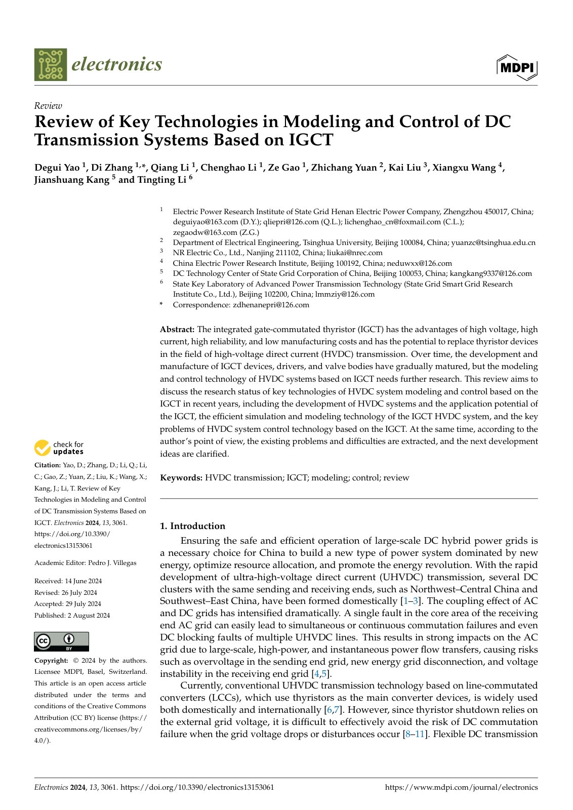 First page of Review of Key Technologies in Modeling and Control of DC Transmission Systems Based on IGCT