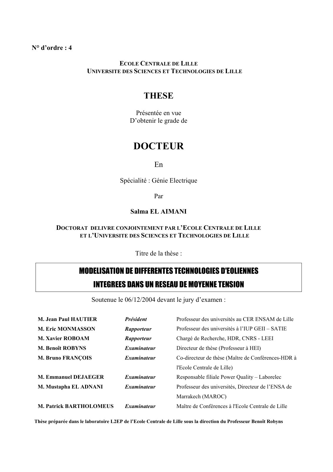 First page of MODELISATION DE DIFFERENTES TECHNOLOGIES D'EOLIENNES INTEGREES DANS UN RESEAU DE MOYENNE TENSION