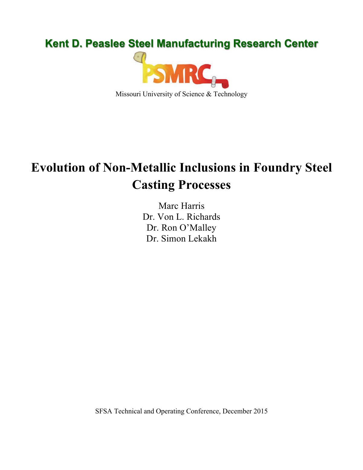 First page of Evolution of Non Metallic Inclusions in