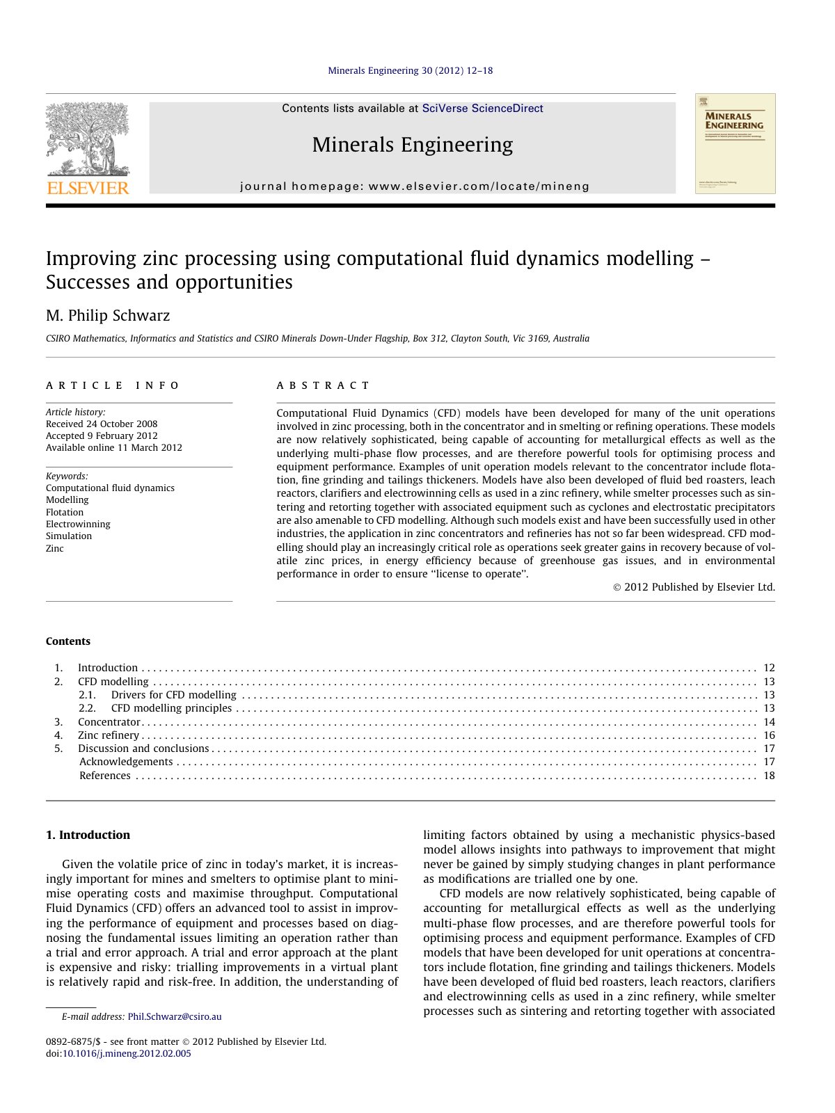 First page of Improving zinc processing using computational fluid dynamics modelling – Successes and opportunities