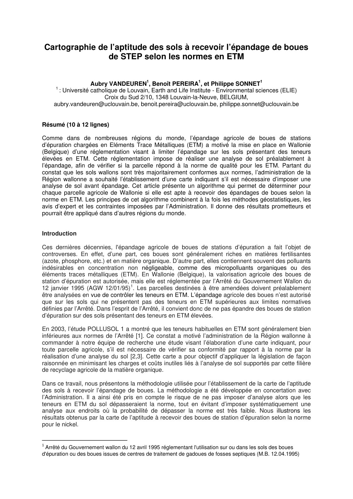 First page of Cartographie de l aptitude des sols a re