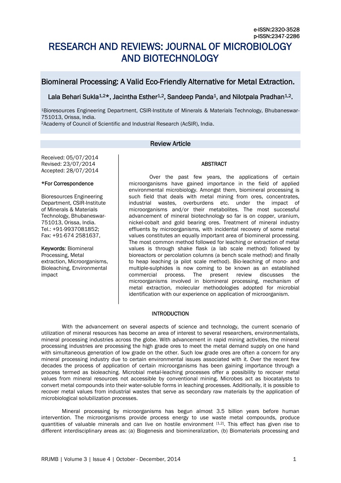 First page of Biomineral Processing A Valid Eco Friend