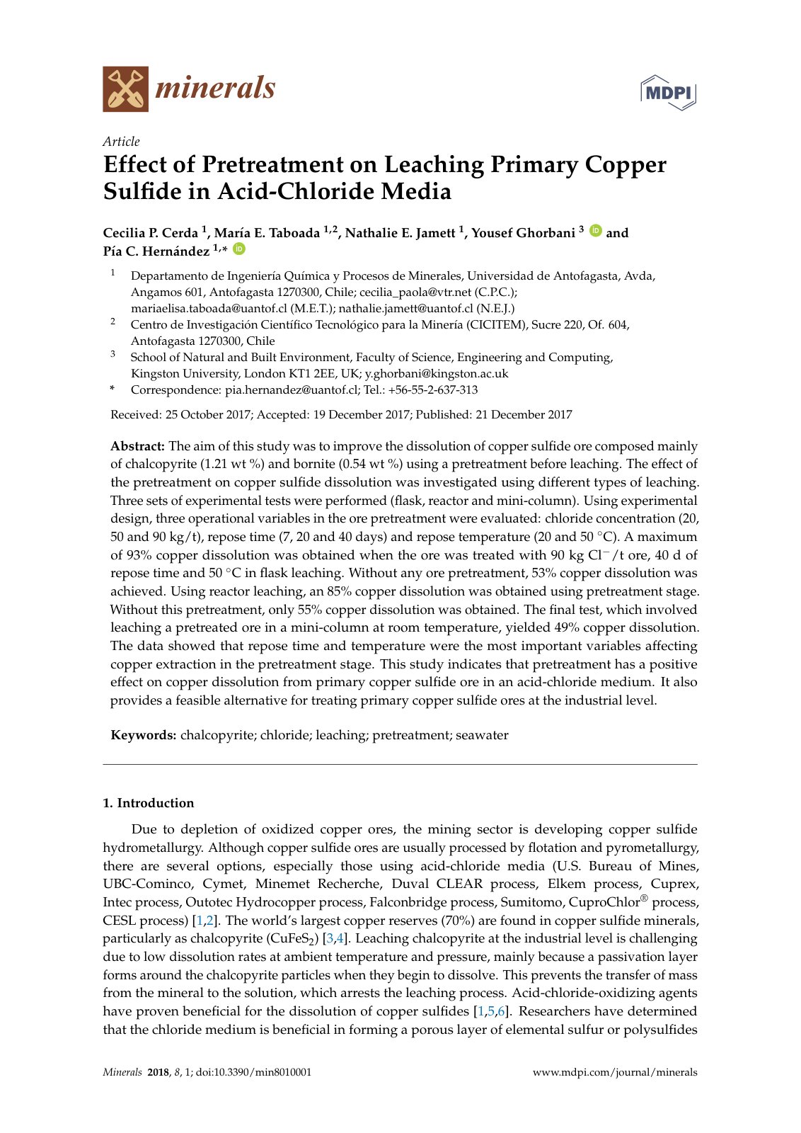 First page of Effect of Pretreatment on Leaching Primary Copper Sulfide in Acid-Chloride Media
